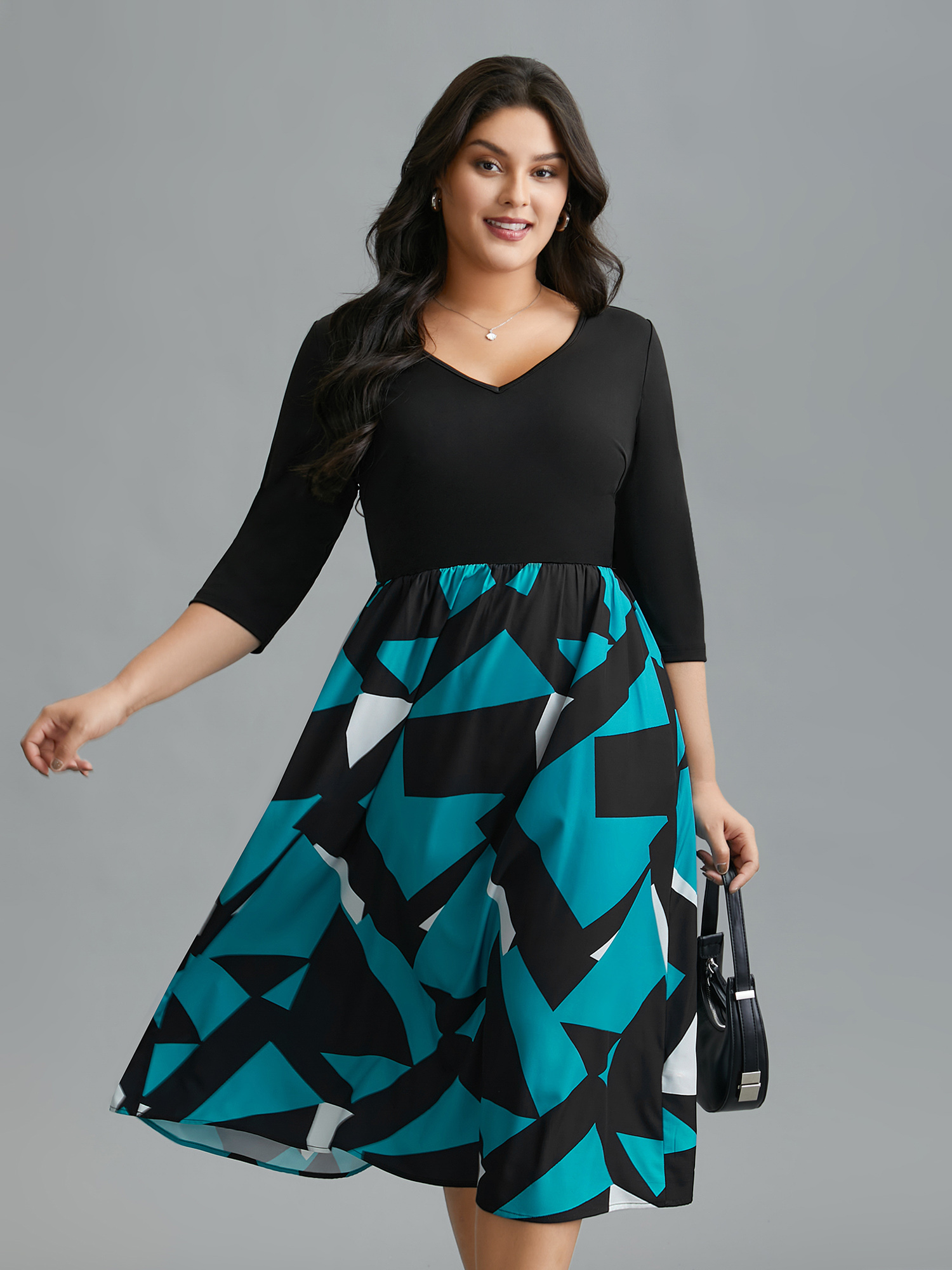 

Plus Size V-Neck Geometric Color Contrast Dress Black Women At the Office Patchwork V-neck Elbow-length sleeve Curvy BloomChic