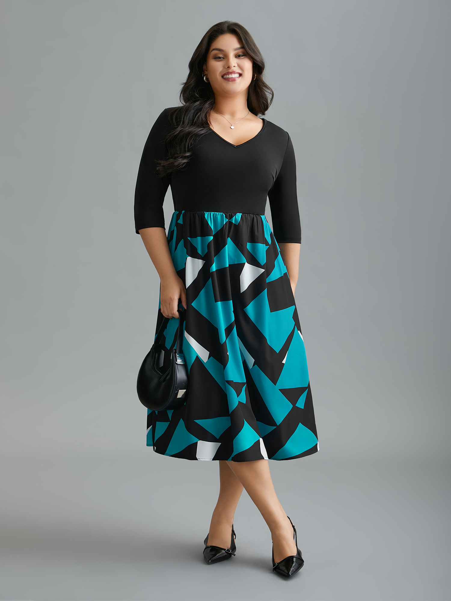 Plus Size V-Neck Geometric Color Contrast Dress Black Women At the Office Patchwork V-neck Elbow-length sleeve Curvy BloomChic 18-20/2X 
