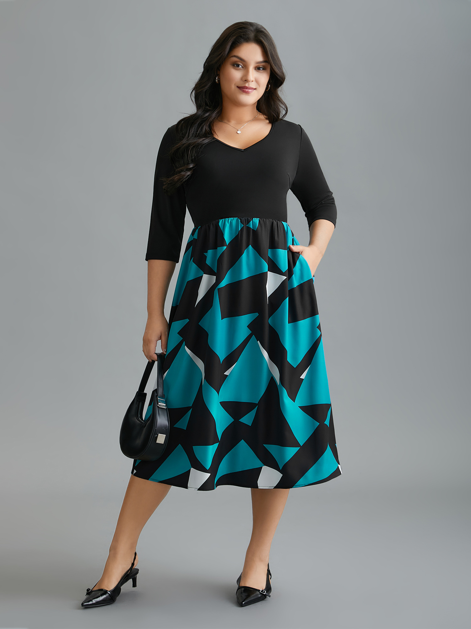 Plus Size V-Neck Geometric Color Contrast Dress Black Women At the Office Patchwork V-neck Elbow-length sleeve Curvy BloomChic 18-20/2X 
