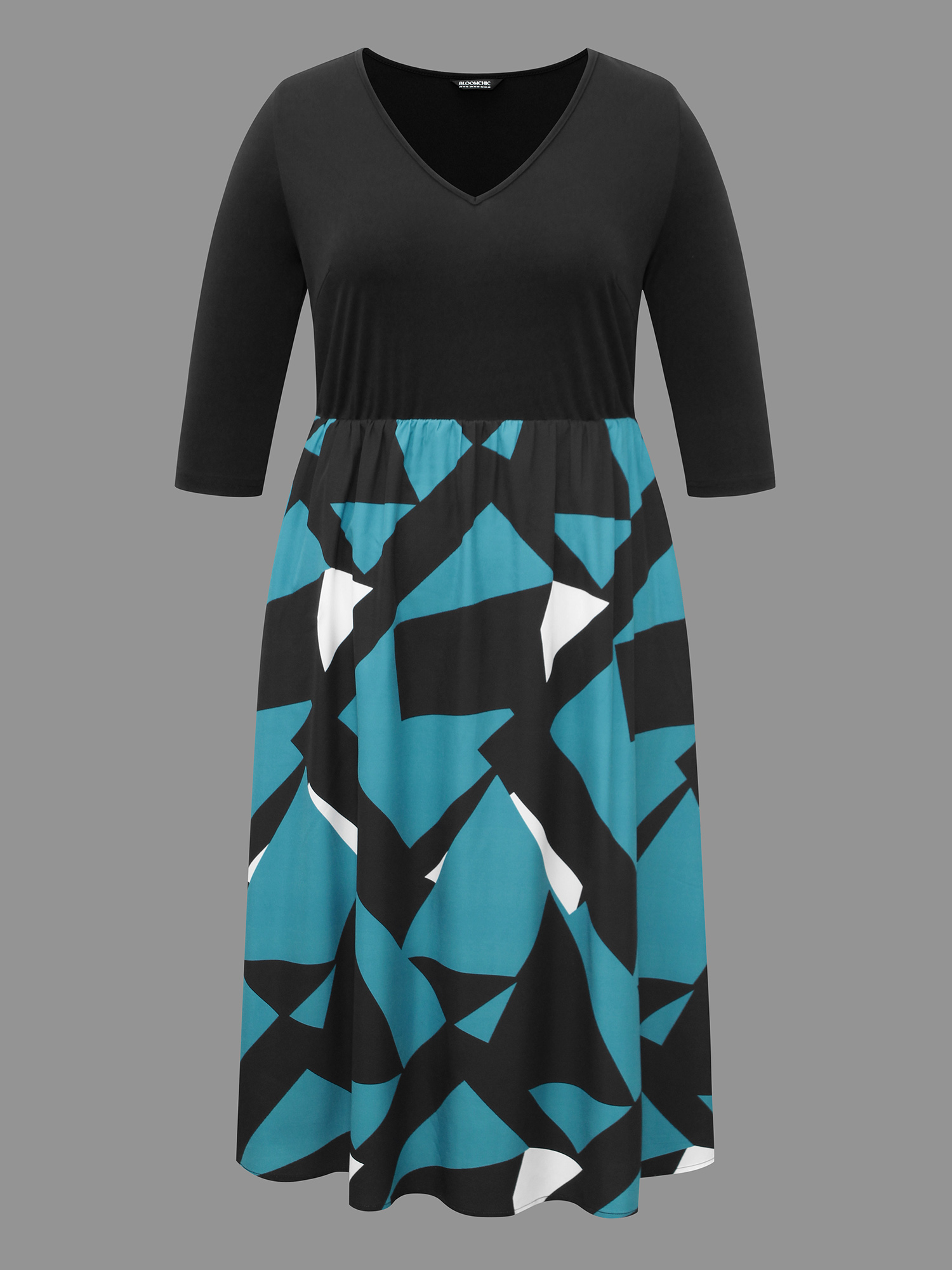 Plus Size V-Neck Geometric Color Contrast Dress Black Women At the Office Patchwork V-neck Elbow-length sleeve Curvy BloomChic 18-20/2X 