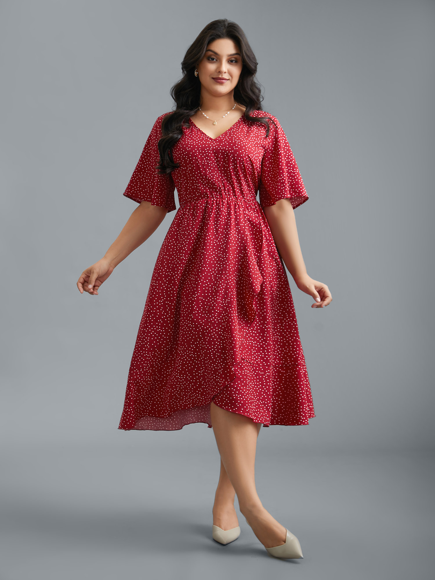 

Plus Size V Neck Polka Dot Ruffle Trim Dress Scarlet Women Elegant Overlapping V-neck Half Sleeve Curvy BloomChic