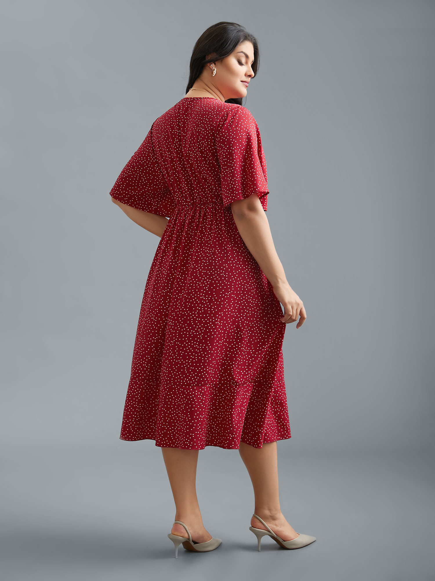 

Plus Size V Neck Polka Dot Ruffle Trim Dress Scarlet Women Elegant Overlapping V-neck Half Sleeve Curvy BloomChic