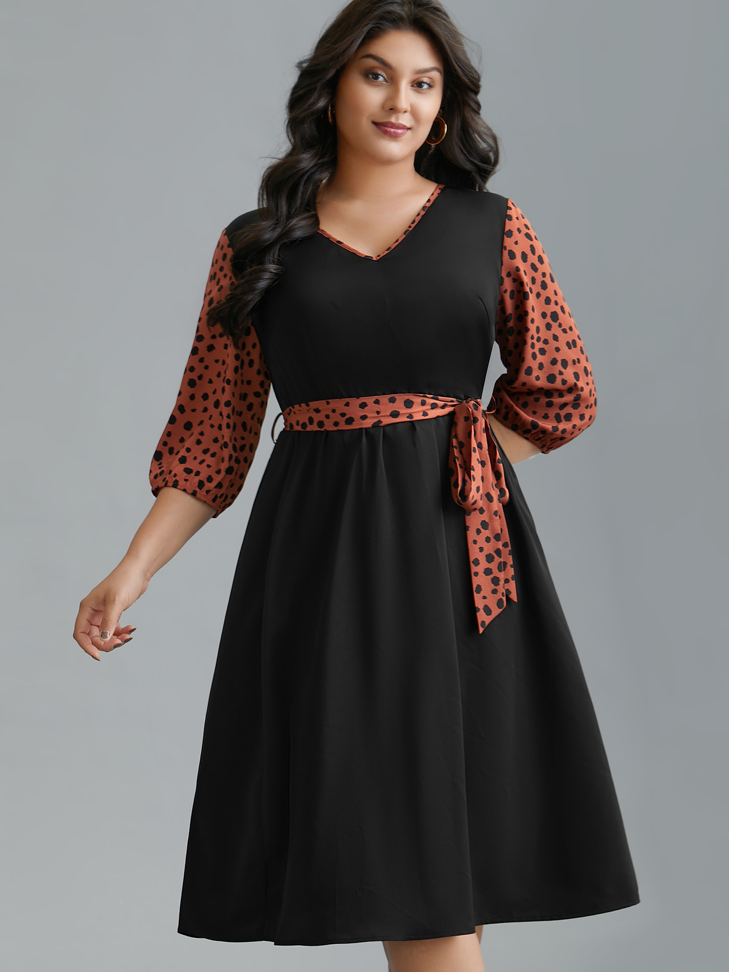 

Plus Size V Neck Polka Dot Color contrast Dress Black Women Elegant Belted V-neck Elbow-length sleeve Curvy BloomChic