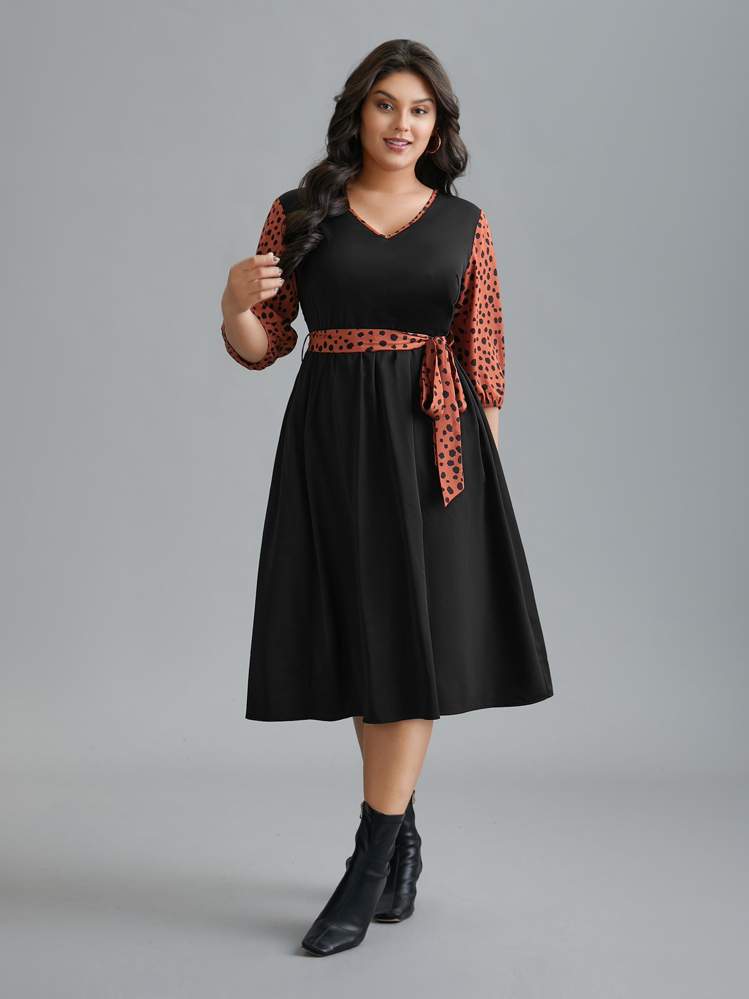 

Plus Size V Neck Polka Dot Color contrast Dress Black Women Elegant Belted V-neck Elbow-length sleeve Curvy BloomChic