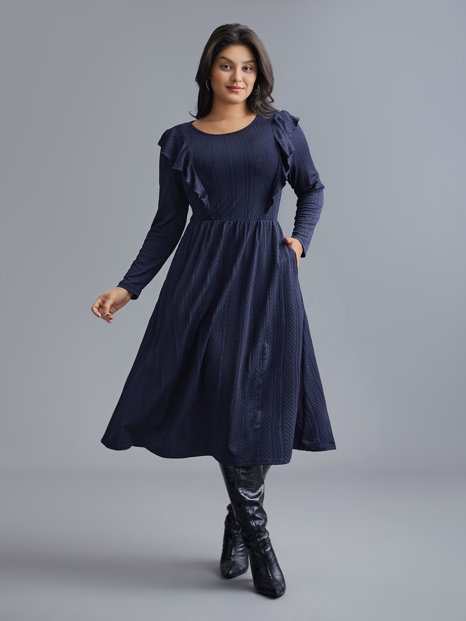 

Plus Size Plain Crew Neck Ruffle Trim Plisse Dress Midnight Women Casual Texture Knit Dresses Bloomchic