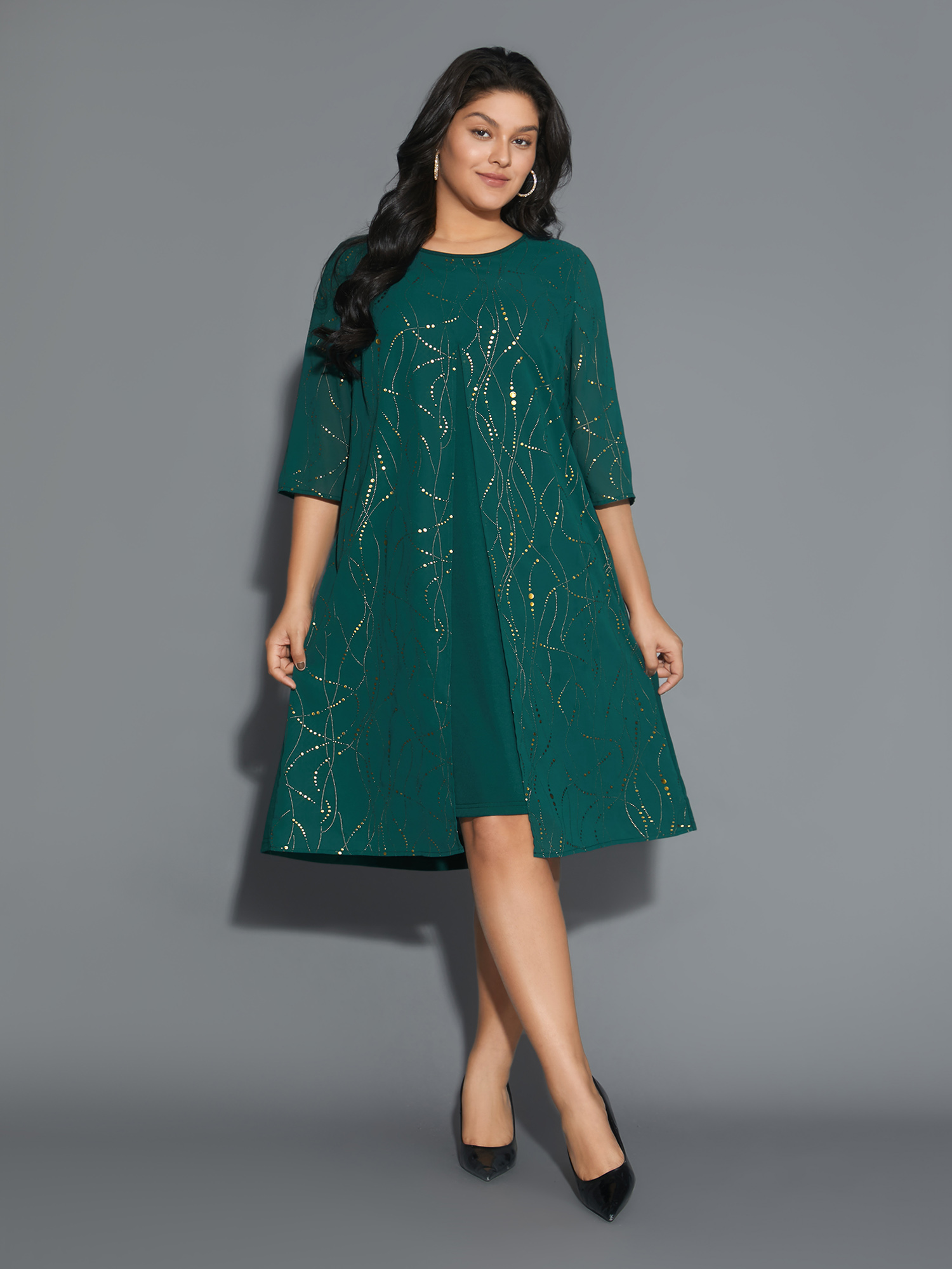 

Plus Size Glitter 2-In-1 Layered Dress DarkGreen Women Cocktail Overlapping Party Curvy Bloomchic