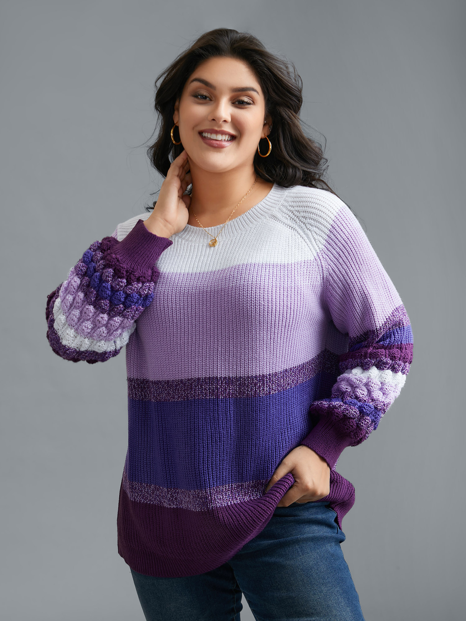 

Plus Size Color contrast Plisse Raglan Sleeve Pullover Deeppurple Women Casual Loose Long Sleeve Round Neck Everyday Pullovers BloomChic