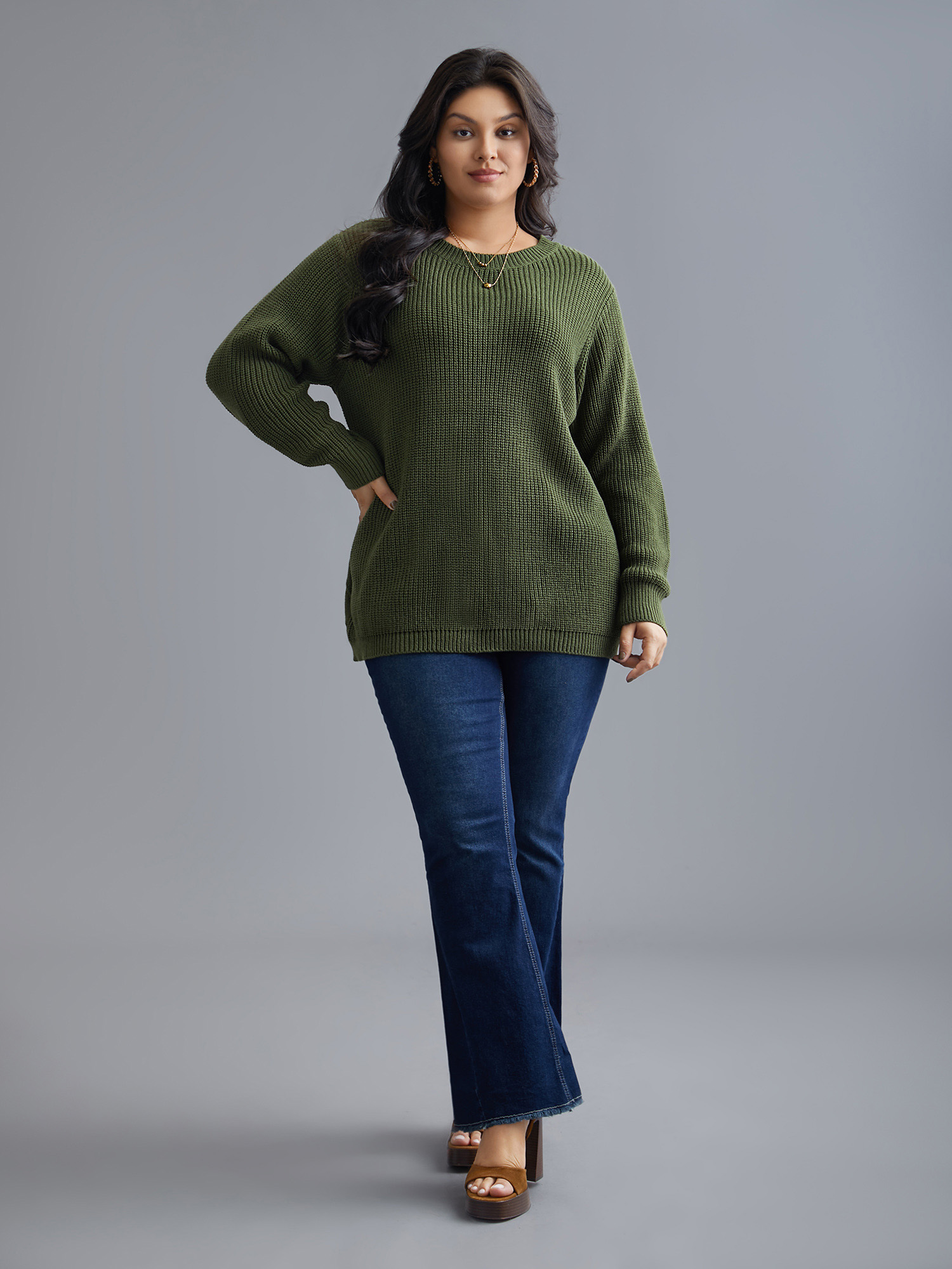 

Plus Size Plain Hollow Out Cable Knit Pullover Moss Women Casual Loose Long Sleeve Round Neck Everyday Pullovers BloomChic