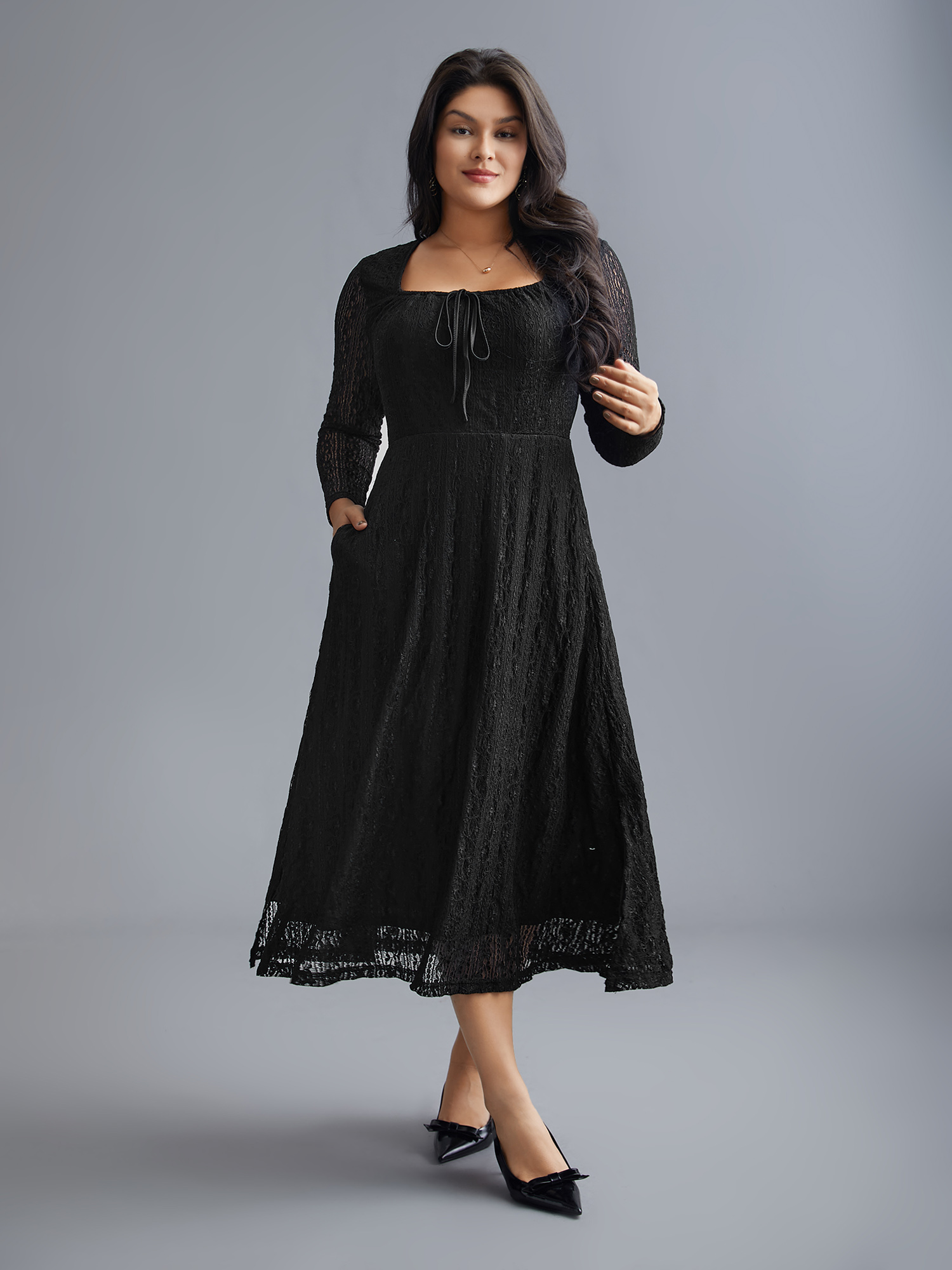 Plus Size Lace Panel Square Neck Tie Knot Dress Black Women Elegant Tie knot Square Neck Long Sleeve Curvy BloomChic 10/M 