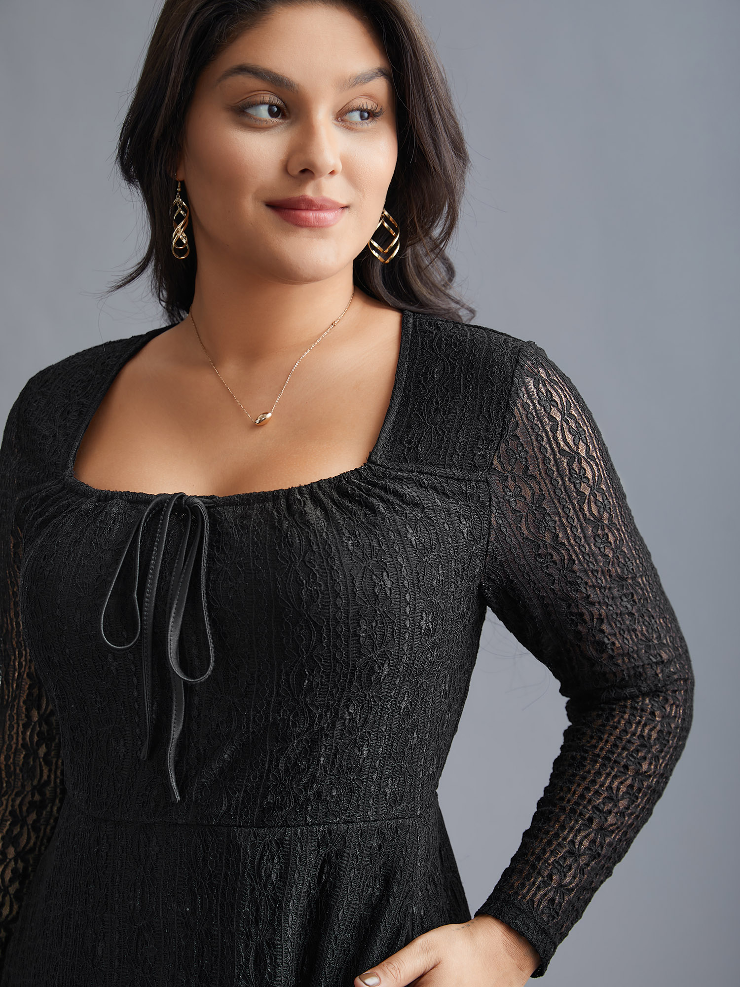 Plus Size Lace Panel Square Neck Tie Knot Dress Black Women Elegant Tie knot Square Neck Long Sleeve Curvy BloomChic 10/M 