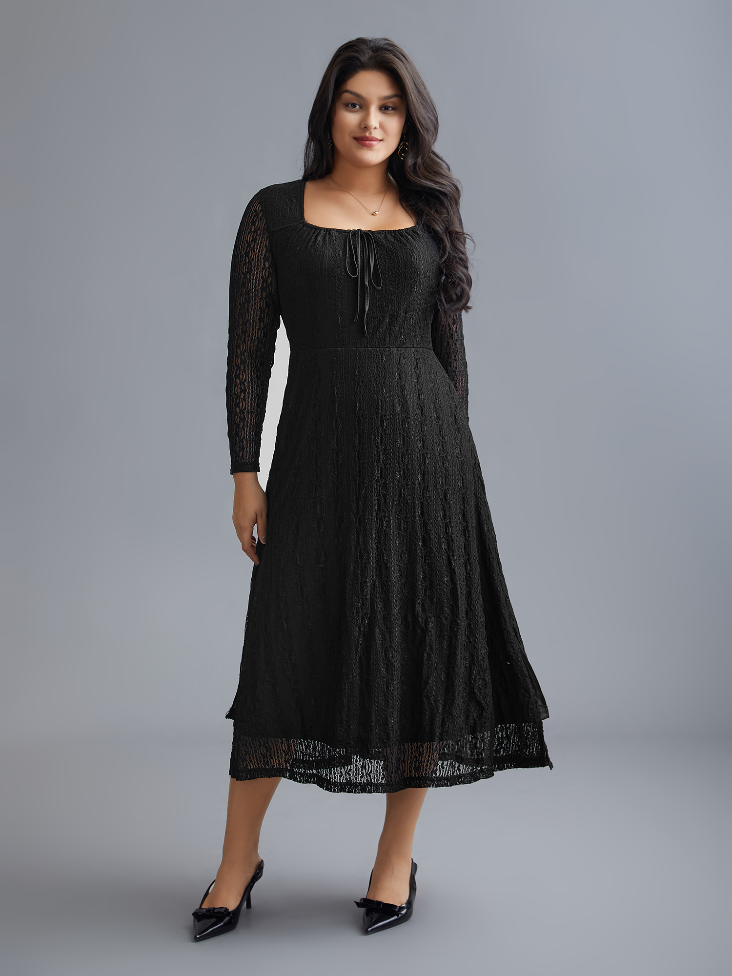 Plus Size Lace Panel Square Neck Tie Knot Dress Black Women Elegant Tie knot Square Neck Long Sleeve Curvy BloomChic 10/M 