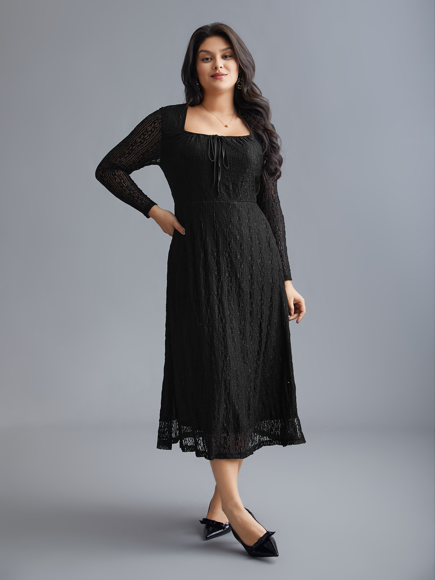 Plus Size Lace Panel Square Neck Tie Knot Dress Black Women Elegant Tie knot Square Neck Long Sleeve Curvy BloomChic 10/M 