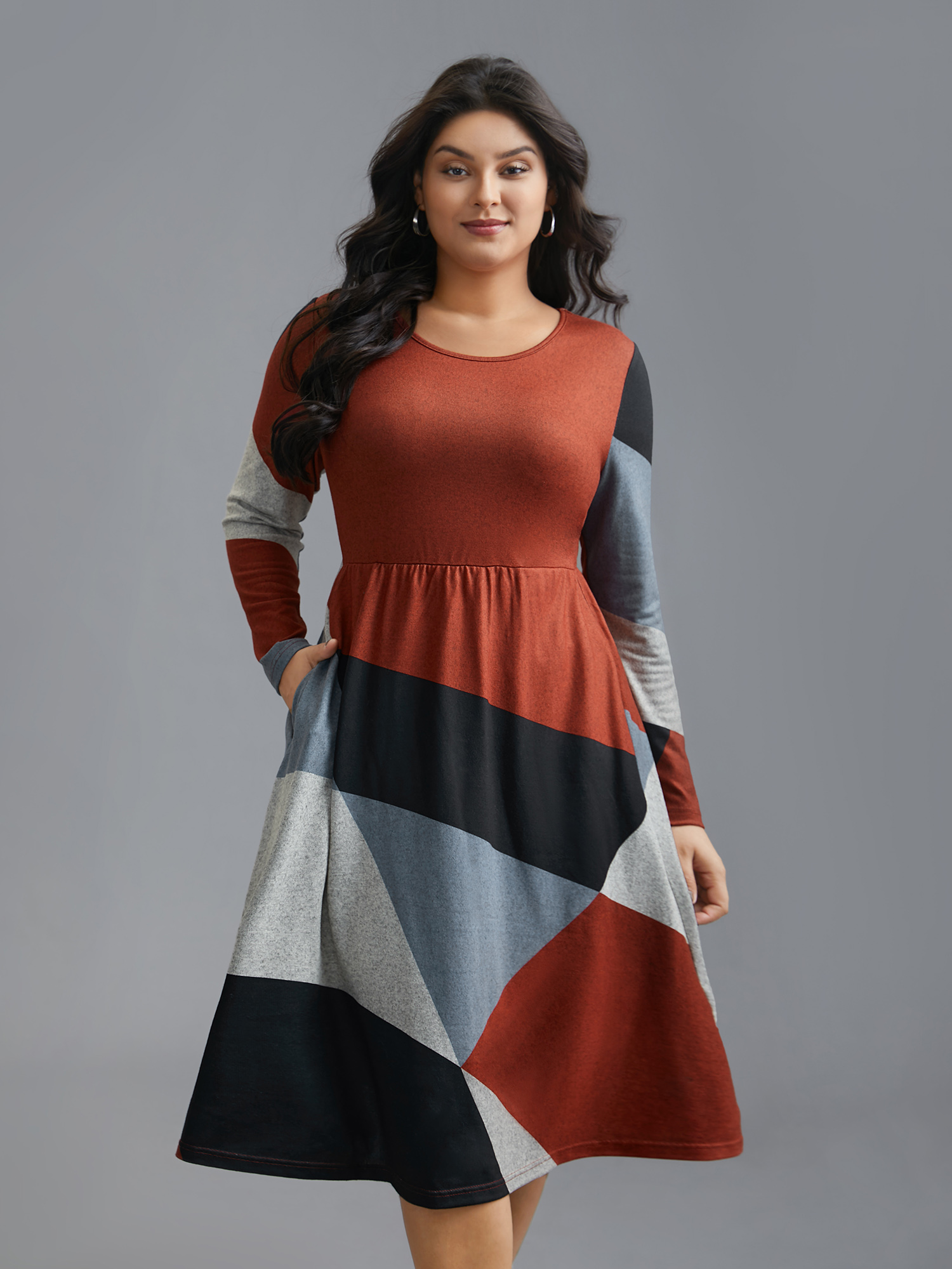 

Plus Size Round Neck Geometric Colorblock Contrast Dress Multicolor Women Casual Contrast Knit Dresses Bloomchic