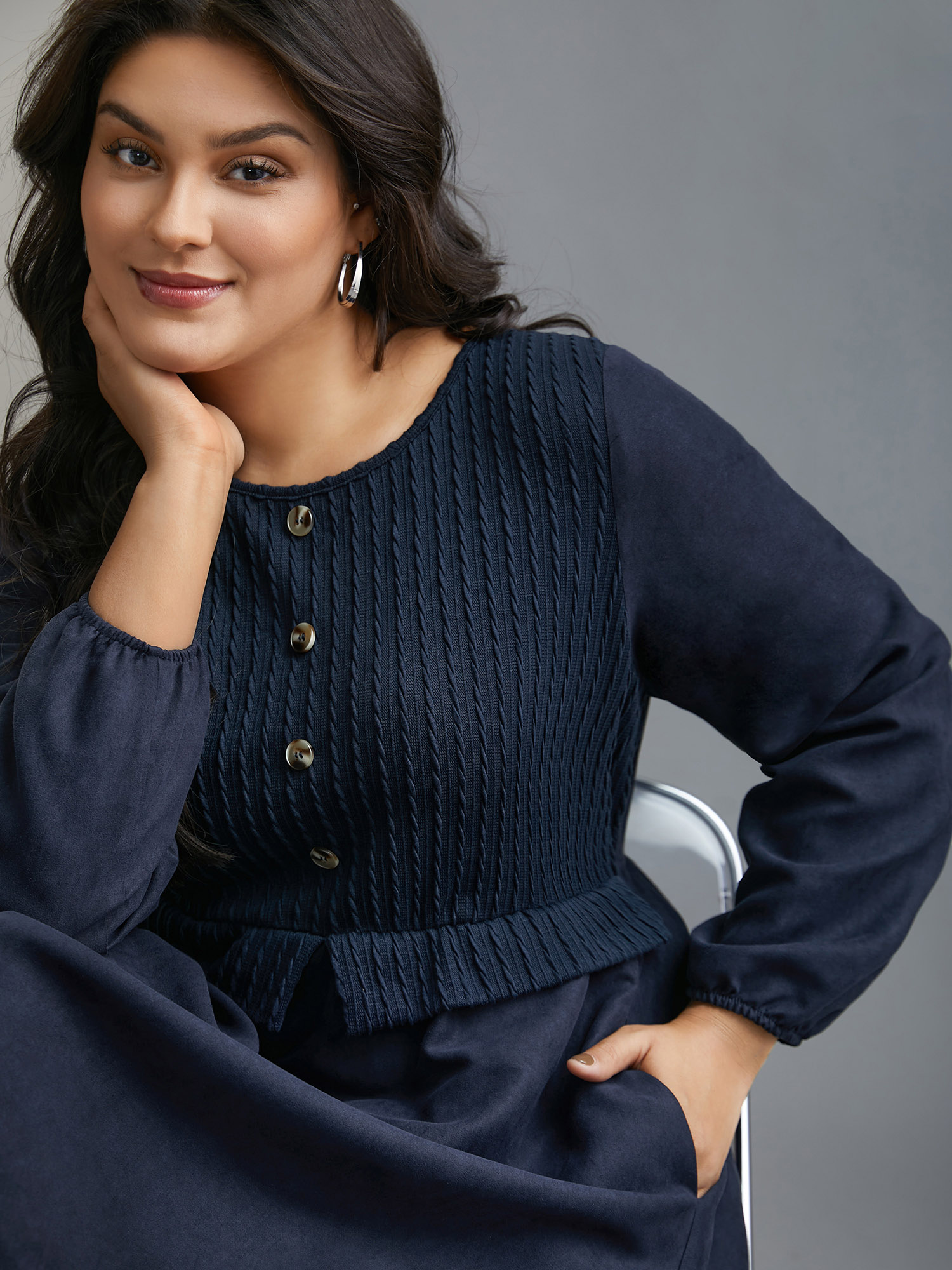 

Plus Size Textured Button Detail Lantern Sleeve Dress Indigo Women Casual Texture Round Neck Long Sleeve Curvy BloomChic