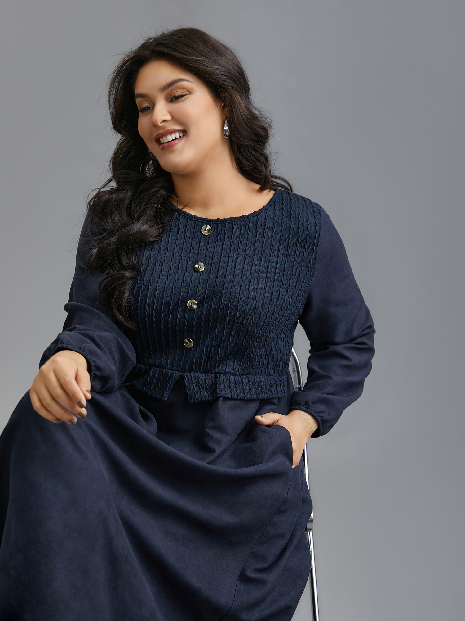 

Plus Size Textured Button Detail Lantern Sleeve Dress Indigo Women Casual Texture Round Neck Long Sleeve Curvy BloomChic