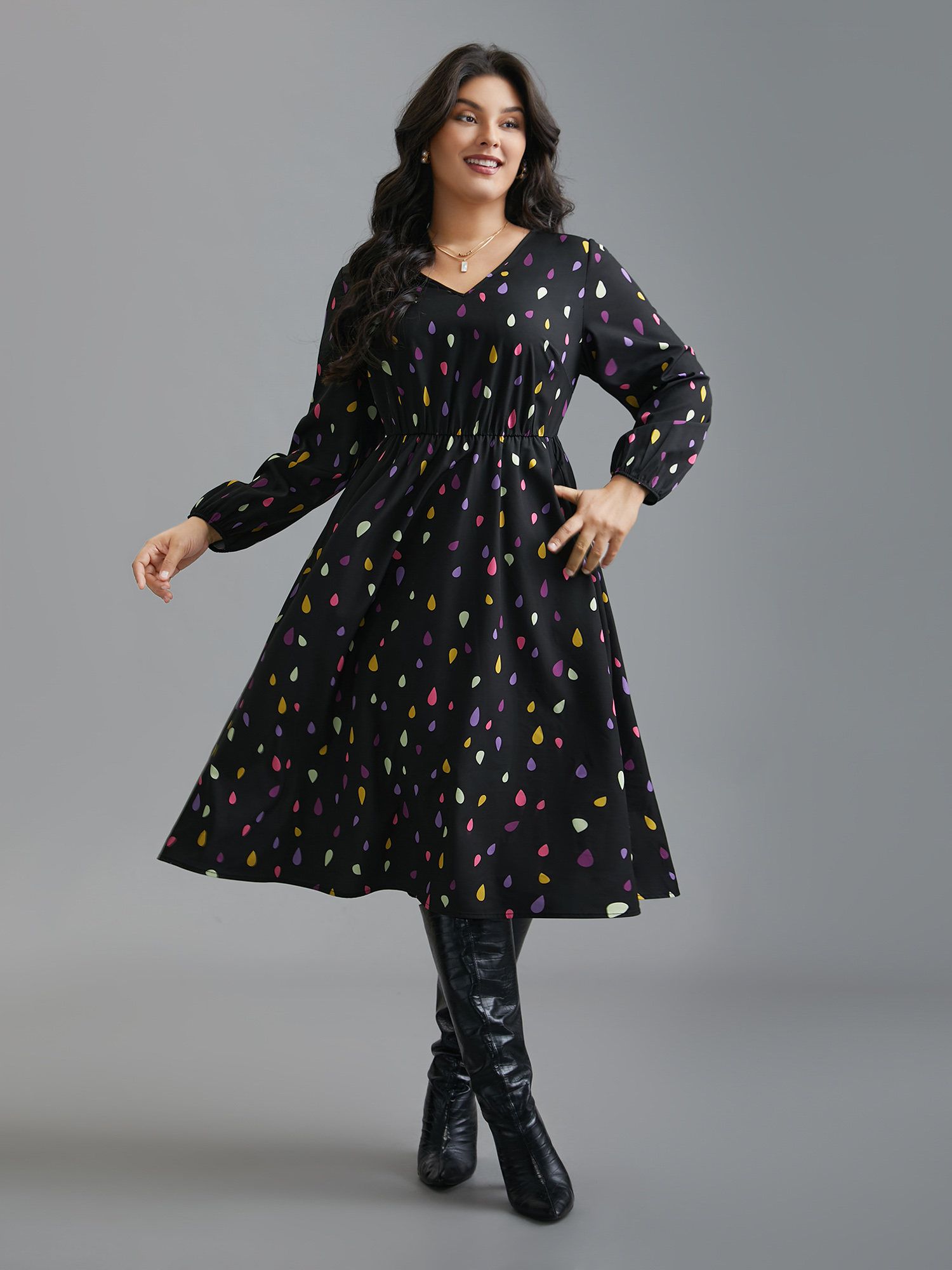 

Plus Size V Neck Color Contrast Lantern Sleeve Dress Black Women Elegant Contrast V-neck Long Sleeve Curvy BloomChic