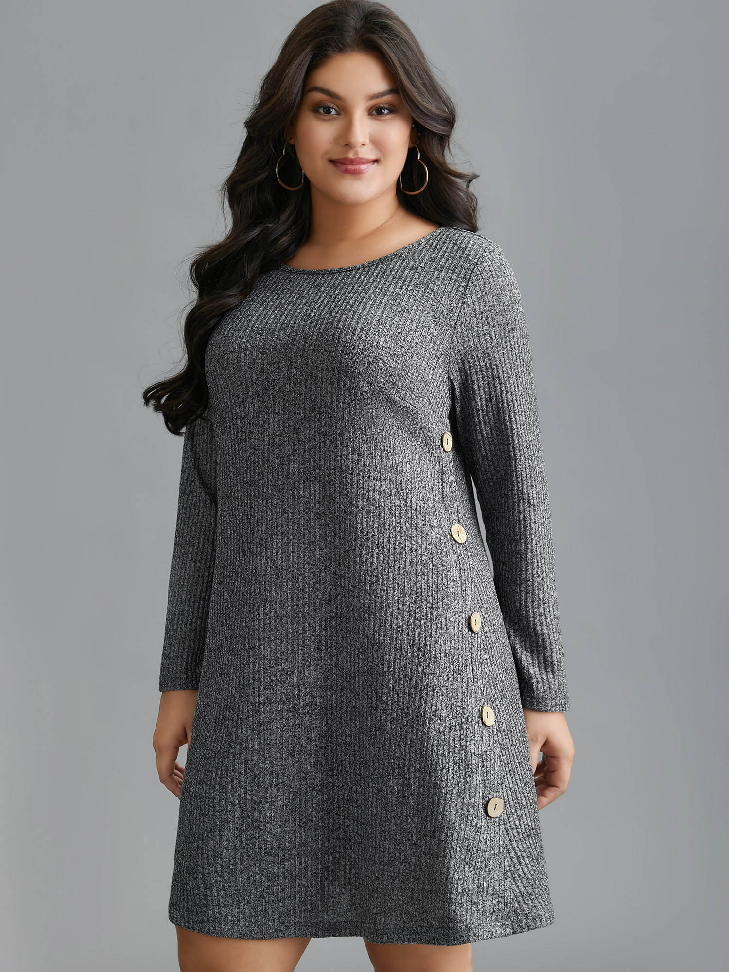 

Plus Size Crew Neck HeatherRibbed Knit Dress DimGray Women Casual Button Knit Dresses Bloomchic