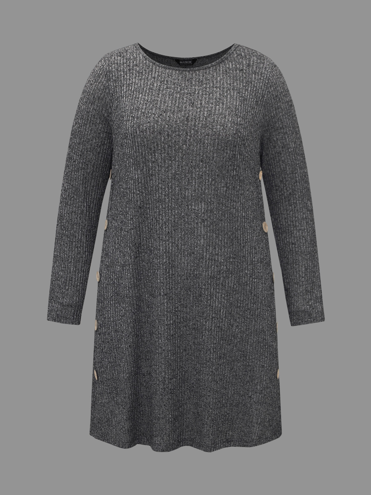 

Plus Size Crew Neck HeatherRibbed Knit Dress DimGray Women Casual Button Knit Dresses Bloomchic