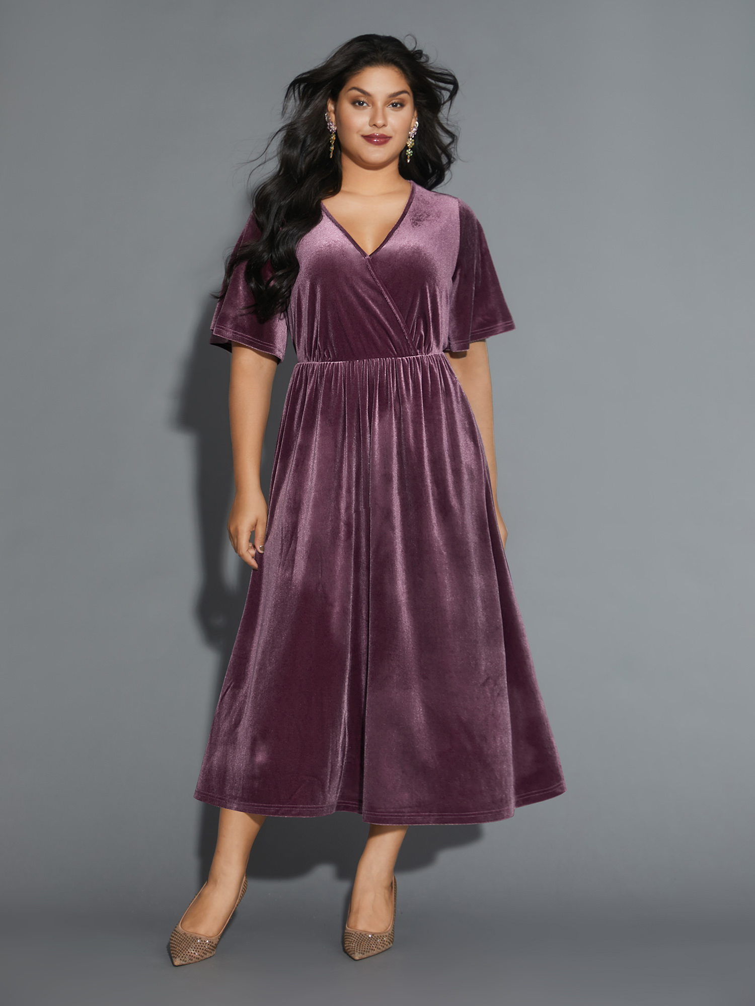 

Plus Size Surplice Neck Backless Ties Velvet Dress Mauve Women Cocktail Texture Party Curvy Bloomchic