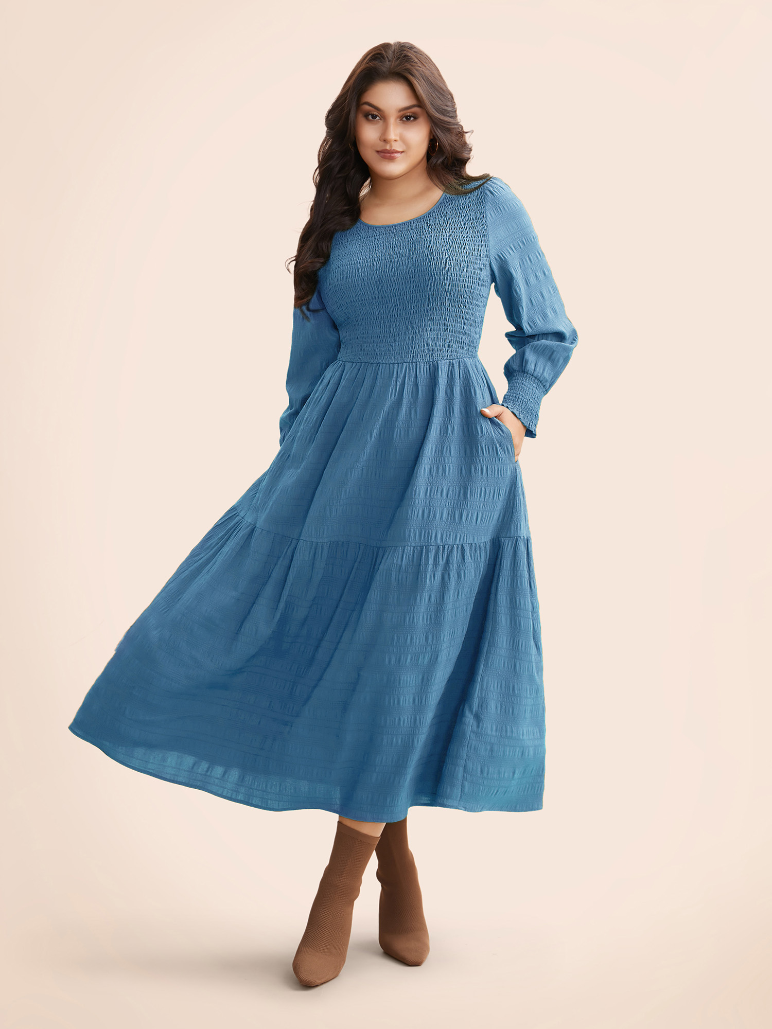 

Plus Size Plain Textured Shirred Midi Dress Skyblue Women Elegant Texture Round Neck Long Sleeve Curvy BloomChic