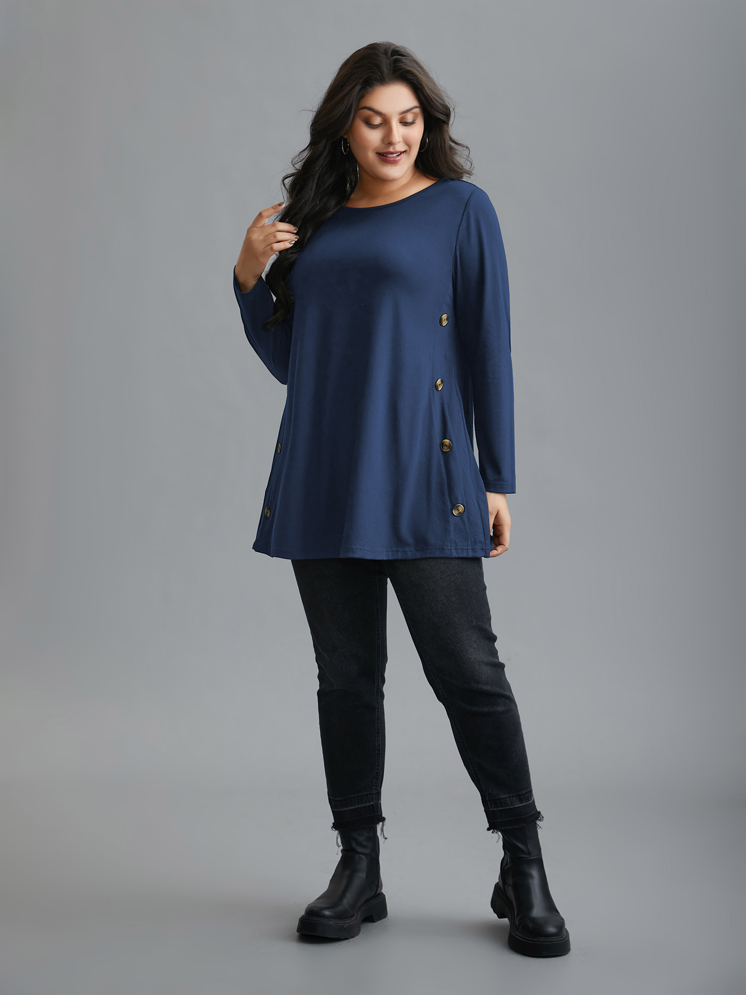 

Plus Size Round Neck Button Slim-Fit Knit Top DarkBlue Round Neck Extra Long Sleeve Casual Jersey Tops