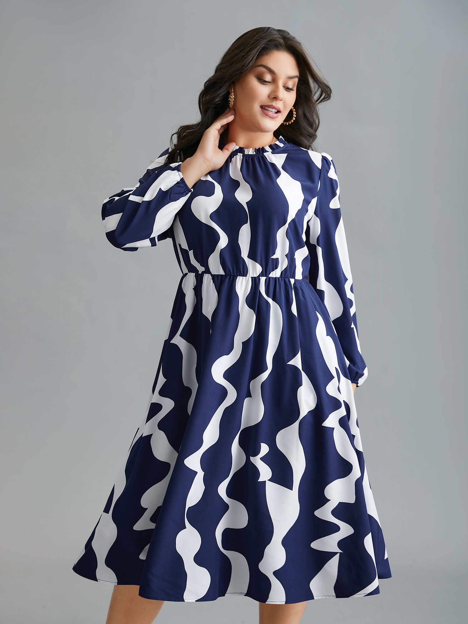 Plus Size Round Neck Color Contrast Frill Trim Dress Navy Women Elegant Frill Trim Round Neck Long Sleeve Curvy BloomChic 22-24/3X 