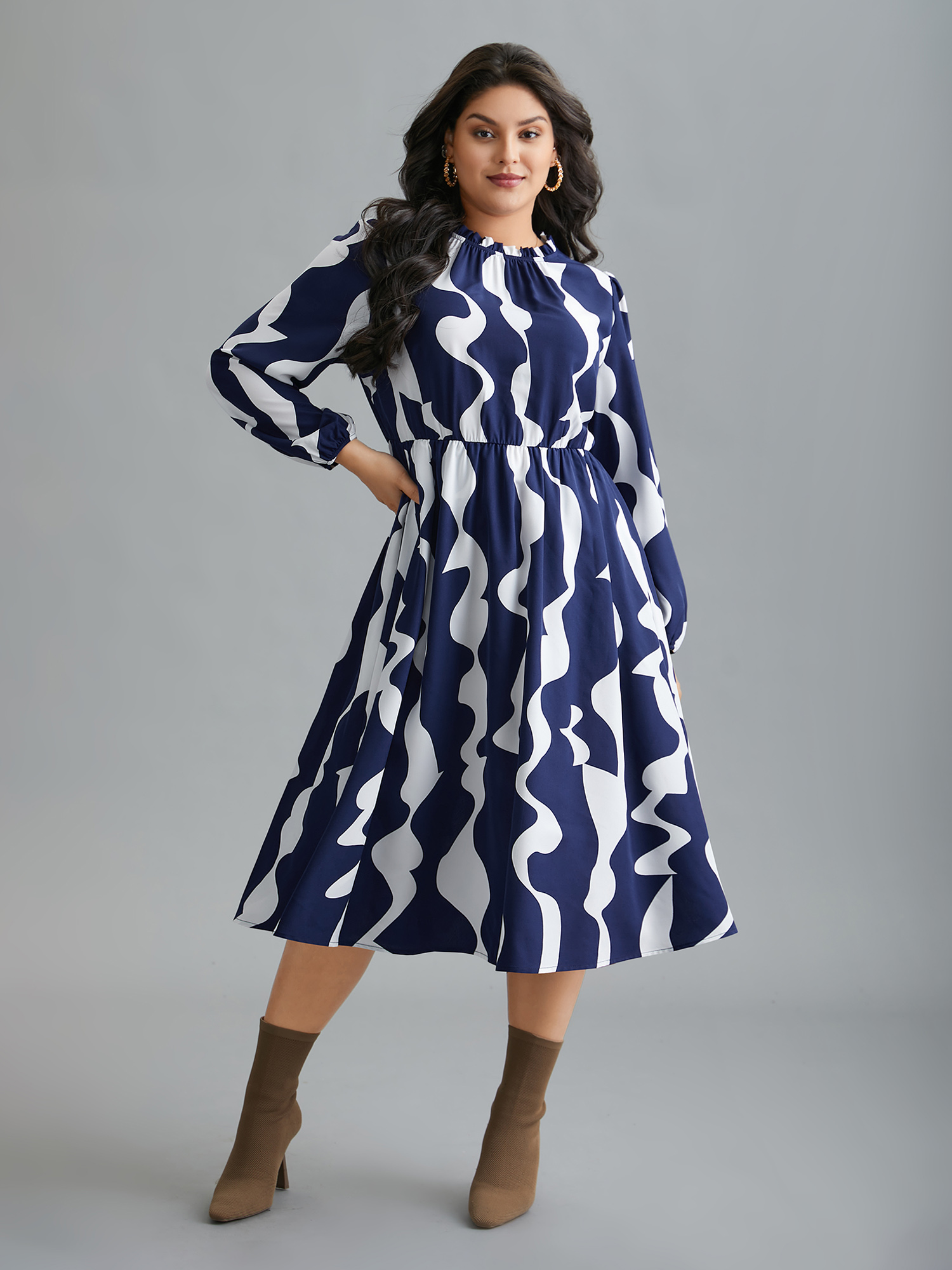 Plus Size Round Neck Color Contrast Frill Trim Dress Navy Women Elegant Frill Trim Round Neck Long Sleeve Curvy BloomChic 22-24/3X 