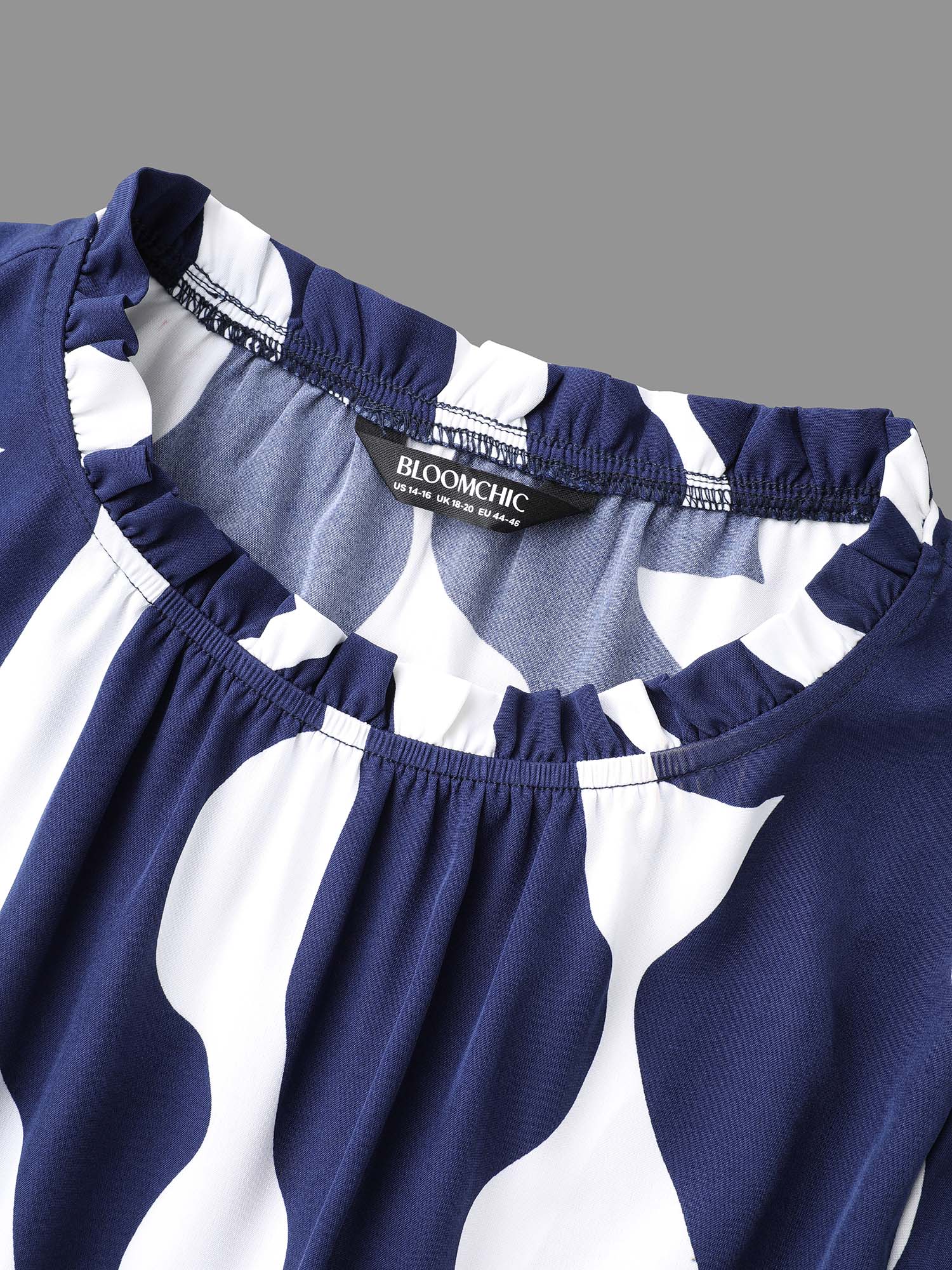 Plus Size Round Neck Color Contrast Frill Trim Dress Navy Women Elegant Frill Trim Round Neck Long Sleeve Curvy BloomChic 22-24/3X 