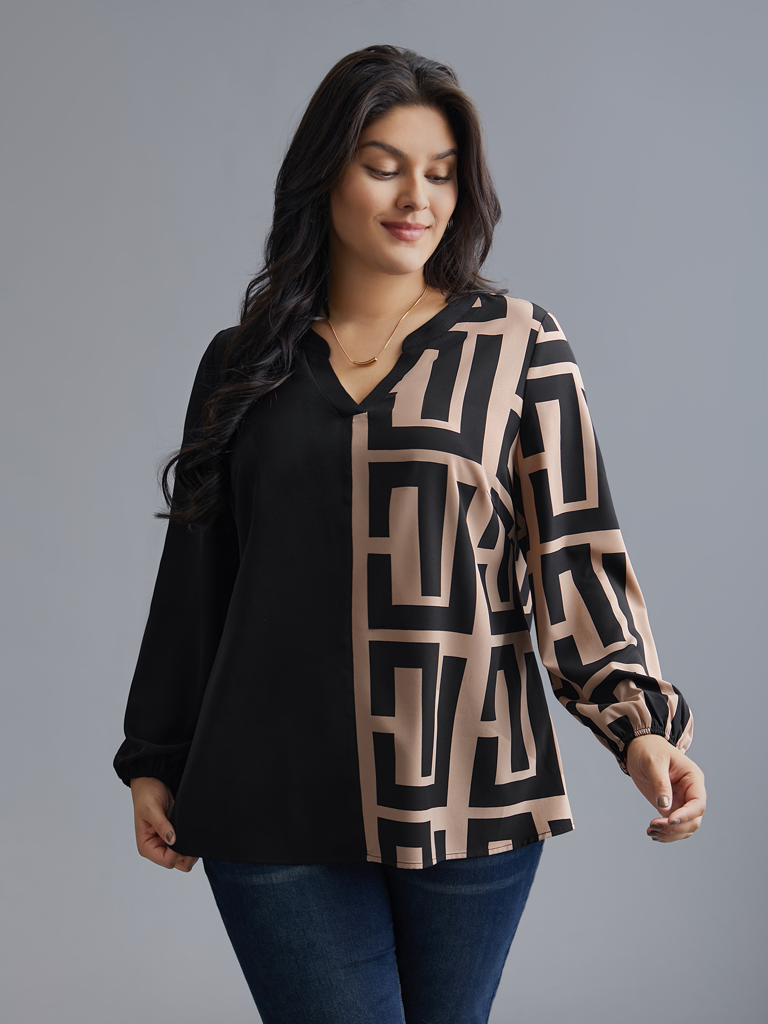Plus Size Black Notched Geometric Colorblock Contrast Blouse Women At the Office Long Sleeve Notched collar Work Blouses BloomChic 18-20/2X 