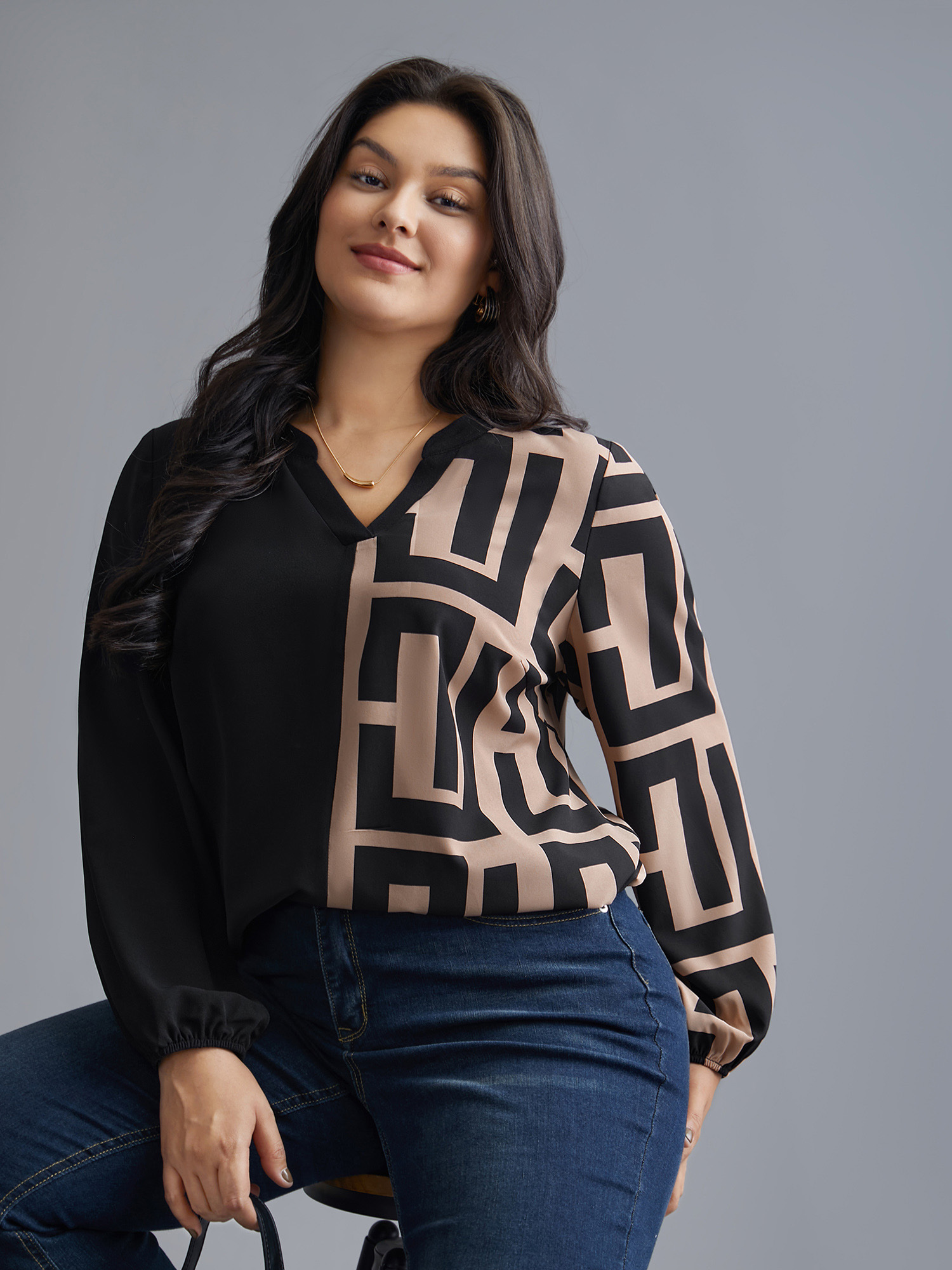 Plus Size Black Notched Geometric Colorblock Contrast Blouse Women At the Office Long Sleeve Notched collar Work Blouses BloomChic 18-20/2X 