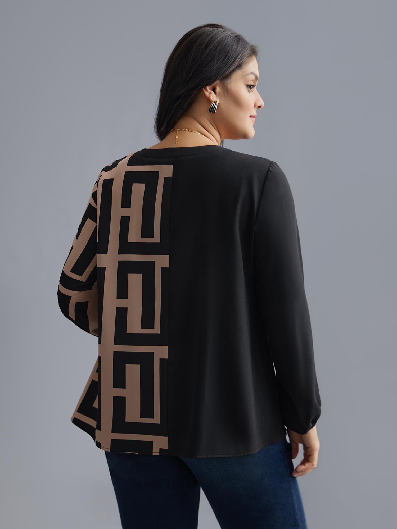 Plus Size Black Notched Geometric Colorblock Contrast Blouse Women At the Office Long Sleeve Notched collar Work Blouses BloomChic 18-20/2X 