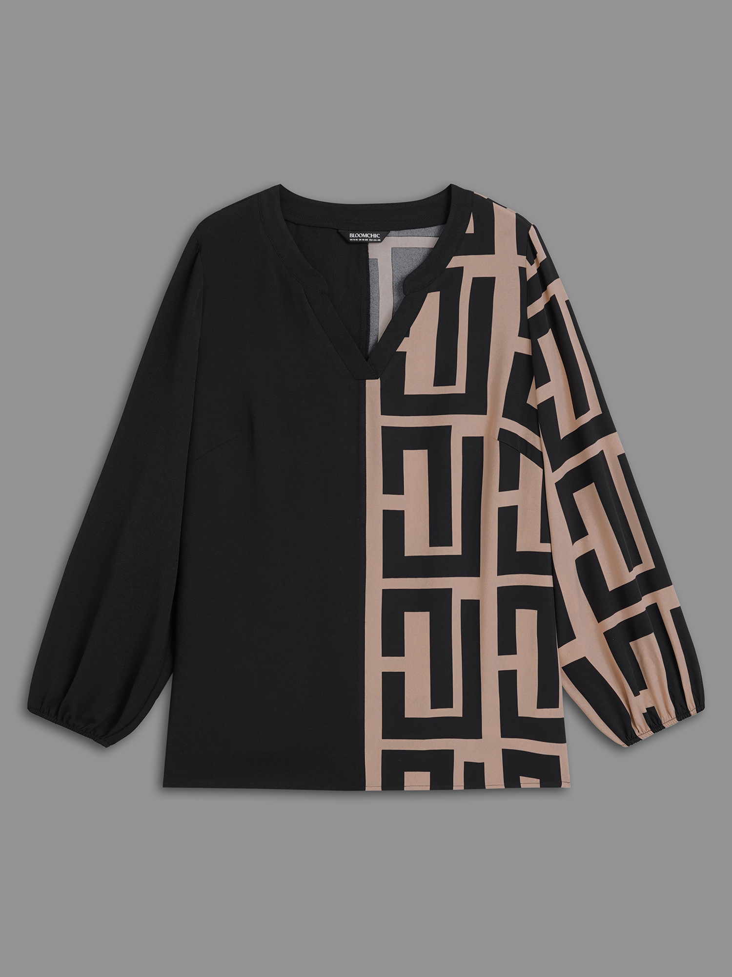 Plus Size Black Notched Geometric Colorblock Contrast Blouse Women At the Office Long Sleeve Notched collar Work Blouses BloomChic 18-20/2X 
