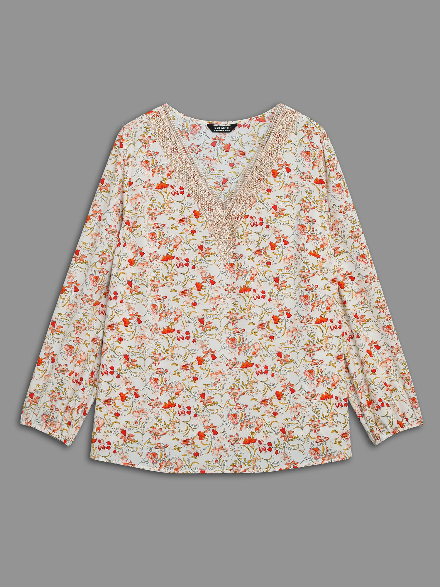 Plus Size Multicolor V Neck Ditsy Floral Contrast Webbing Blouse Women Elegant Long Sleeve V-neck Everyday Blouses BloomChic 22-24/3X 
