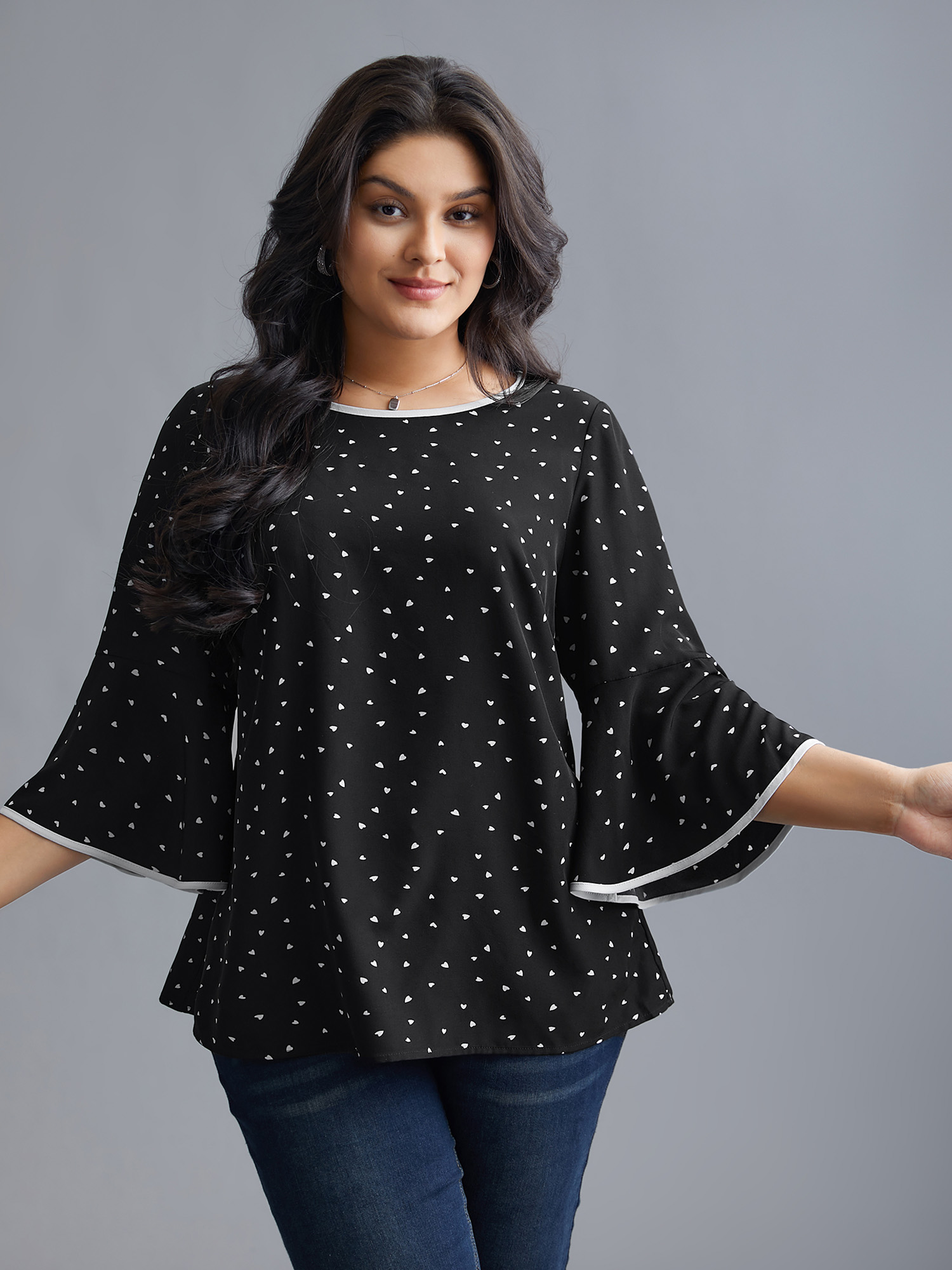 Plus Size Black Heart Print Bell Sleeve Patchwork Blouse Women Elegant Elbow-length sleeve Round Neck Everyday Blouses BloomChic 12/L 