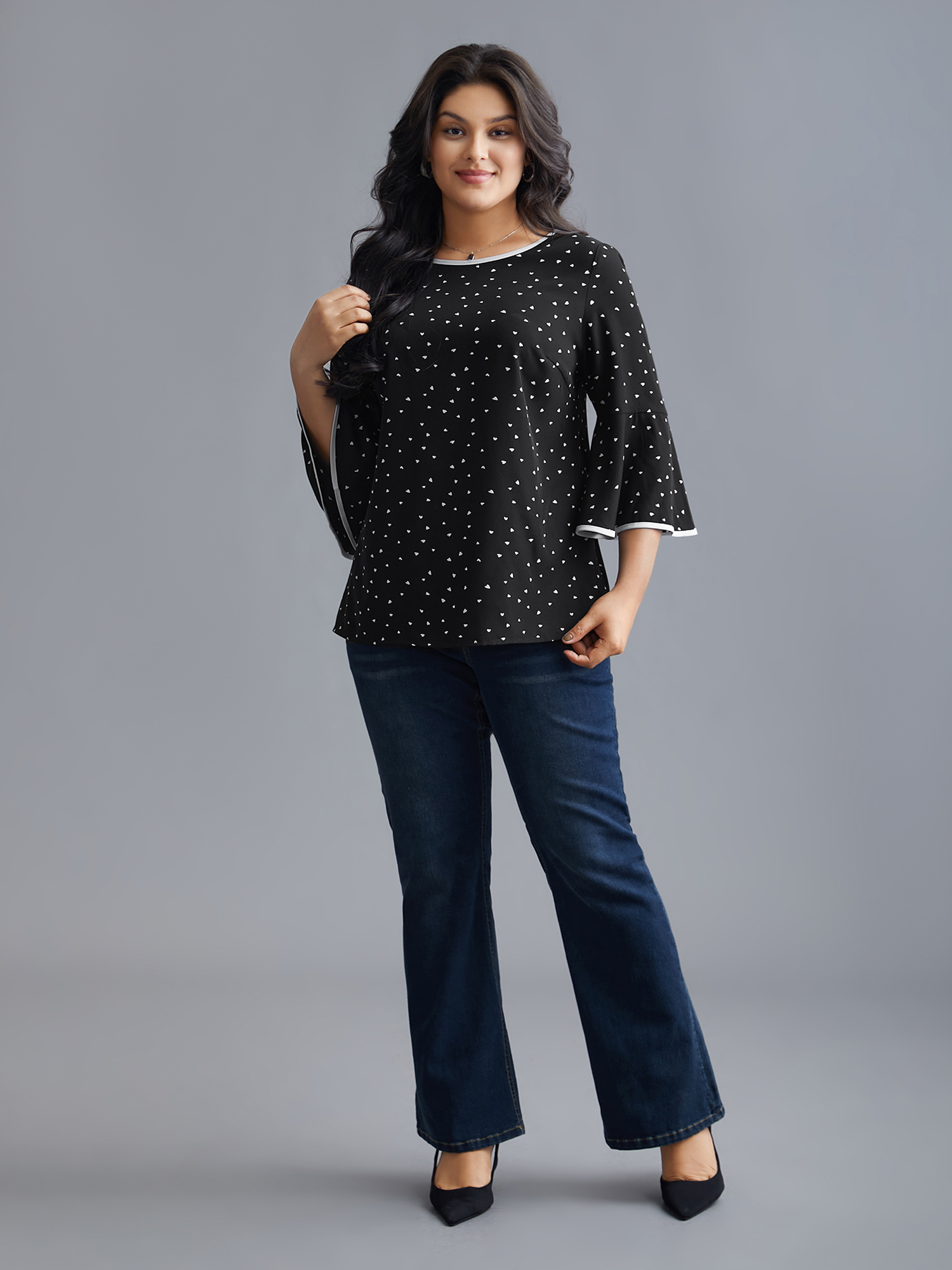 Plus Size Black Heart Print Bell Sleeve Patchwork Blouse Women Elegant Elbow-length sleeve Round Neck Everyday Blouses BloomChic 12/L 