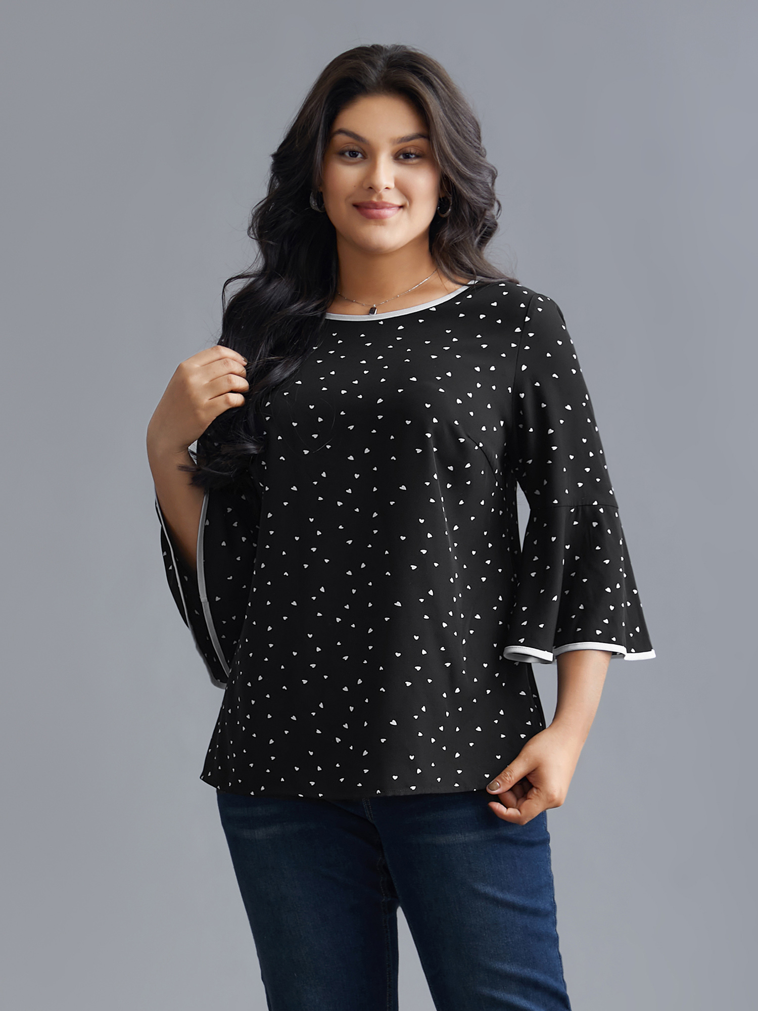 Plus Size Black Heart Print Bell Sleeve Patchwork Blouse Women Elegant Elbow-length sleeve Round Neck Everyday Blouses BloomChic 12/L 