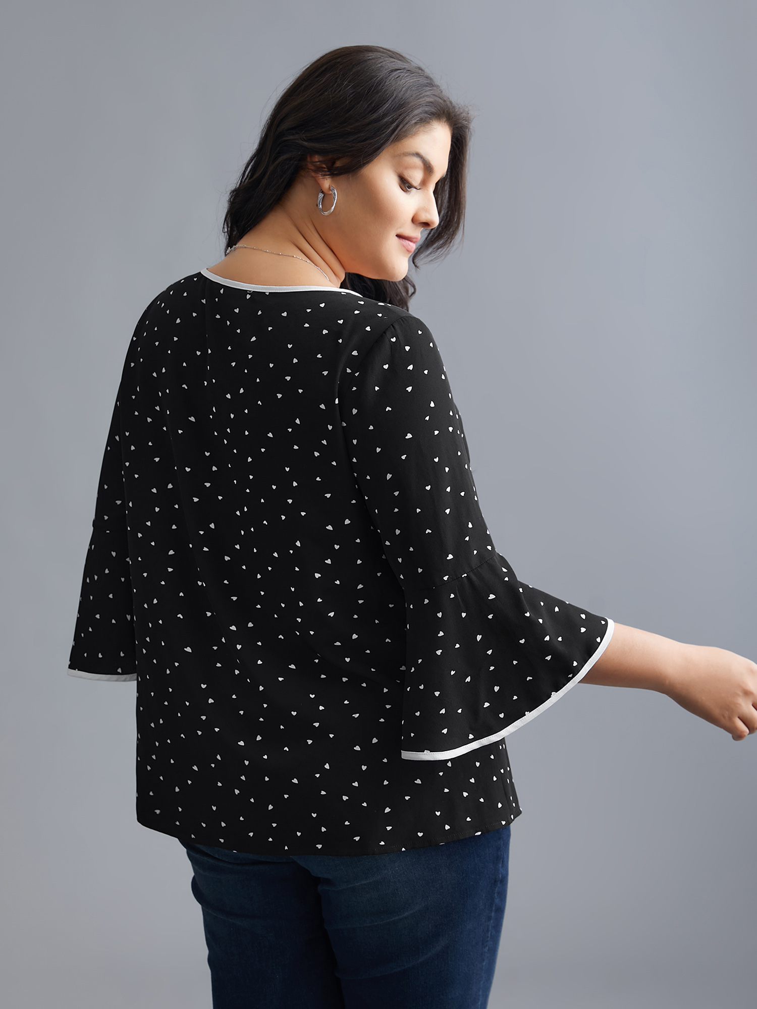 

Plus Size Black Heart Print Bell Sleeve Patchwork Blouse Women Elegant Elbow-length sleeve Round Neck Everyday Blouses BloomChic