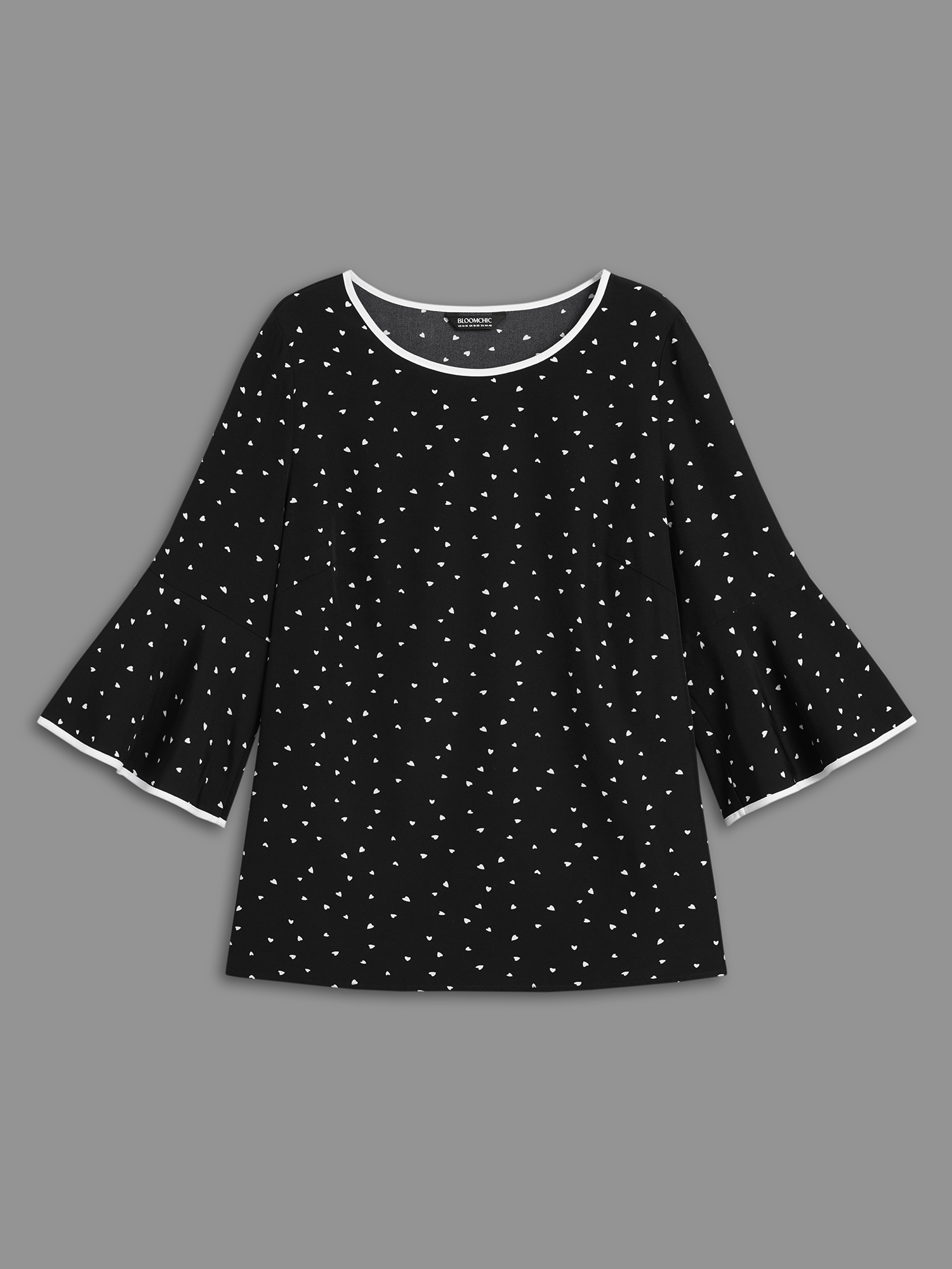 Plus Size Black Heart Print Bell Sleeve Patchwork Blouse Women Elegant Elbow-length sleeve Round Neck Everyday Blouses BloomChic 12/L 