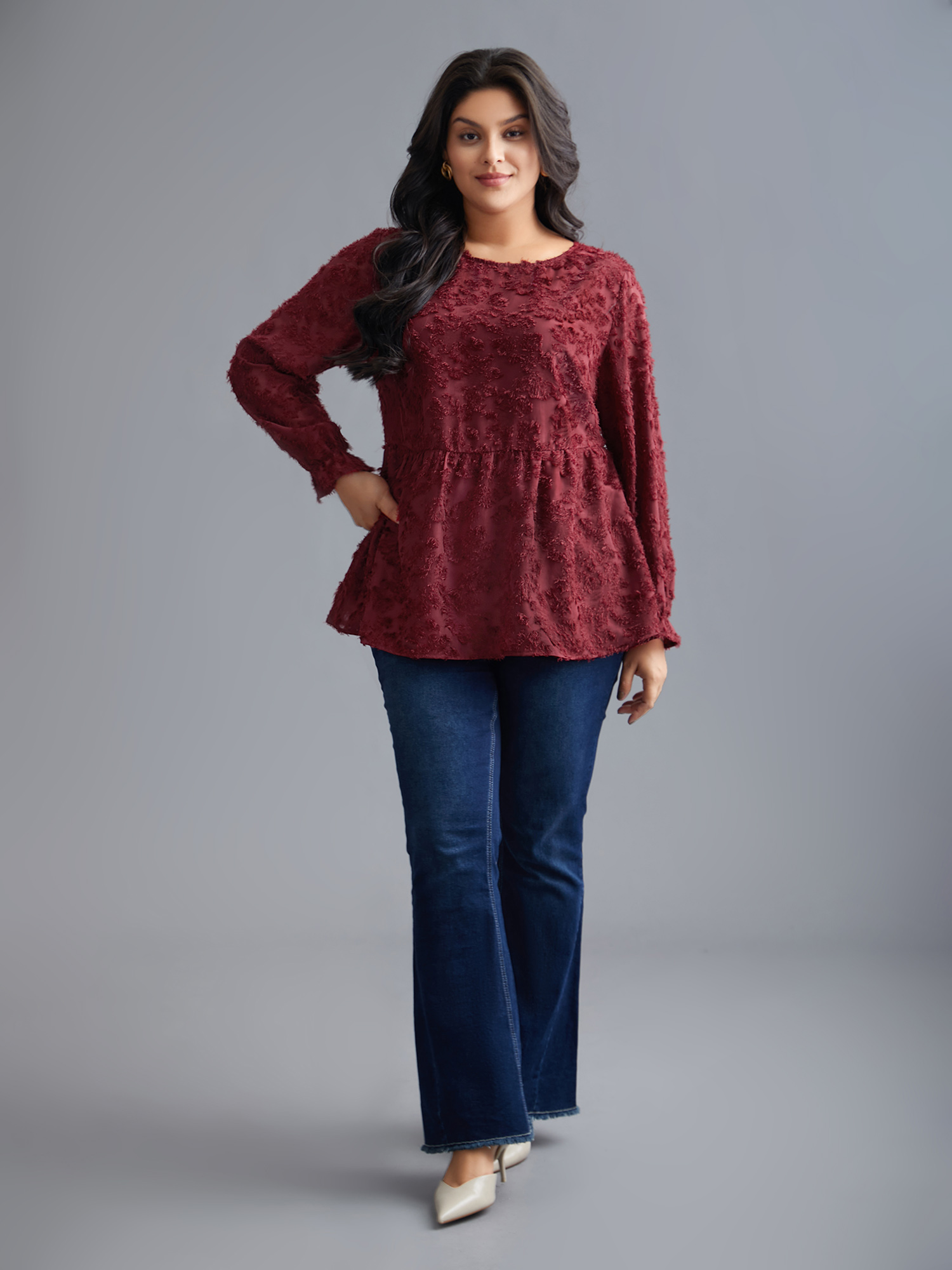 

Plus Size Scarlet Round Neck Jacquard Plisse Ruched Blouse Women Elegant Long Sleeve Round Neck Everyday Blouses BloomChic