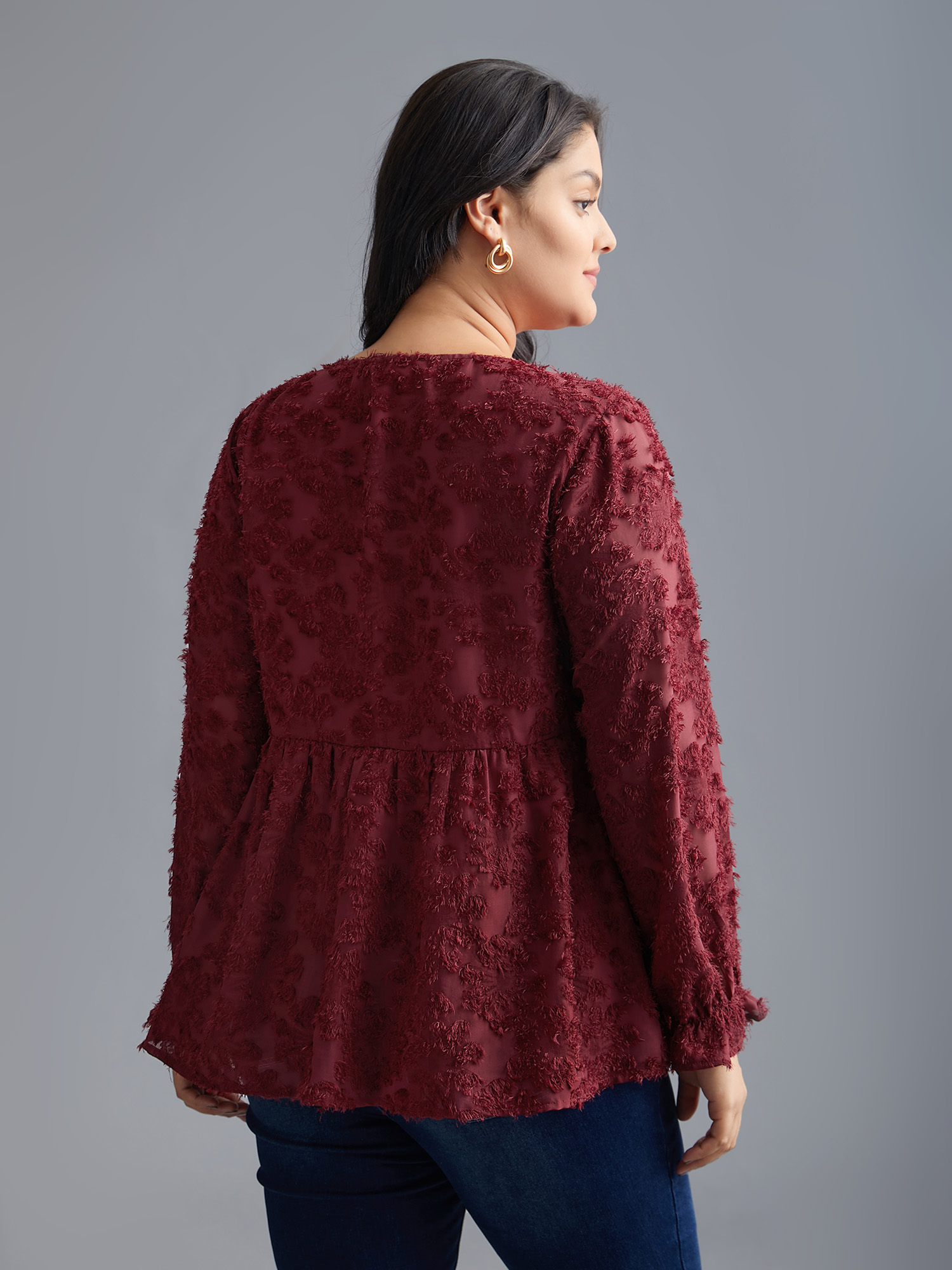 Plus Size Scarlet Round Neck Jacquard Plisse Ruched Blouse Women Elegant Long Sleeve Round Neck Everyday Blouses BloomChic 28/5X 