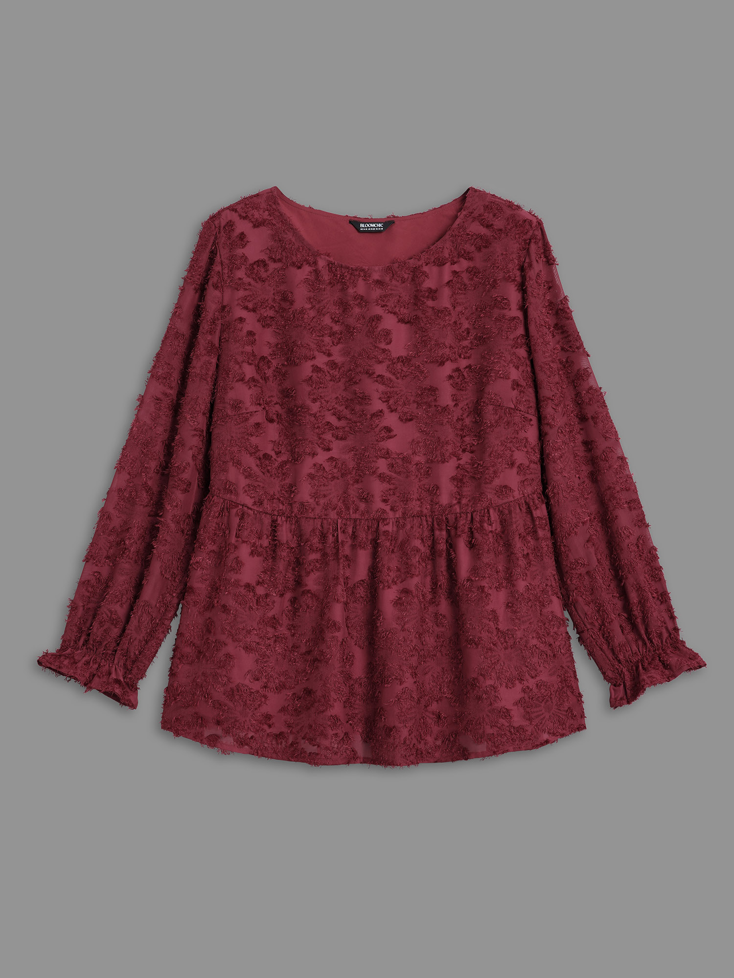 Plus Size Scarlet Round Neck Jacquard Plisse Ruched Blouse Women Elegant Long Sleeve Round Neck Everyday Blouses BloomChic 28/5X 