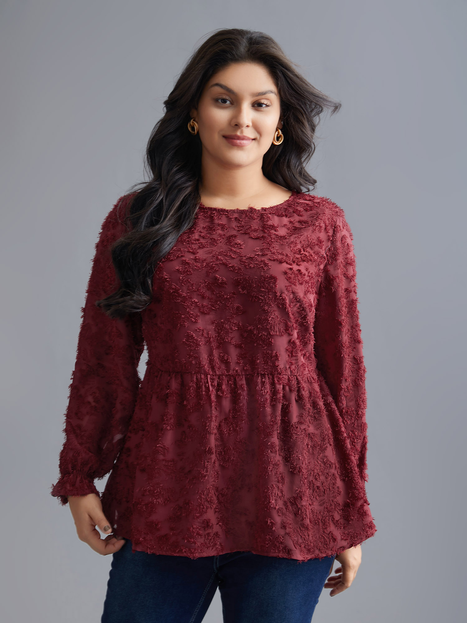 Plus Size Scarlet Round Neck Jacquard Plisse Ruched Blouse Women Elegant Long Sleeve Round Neck Everyday Blouses BloomChic 28/5X 