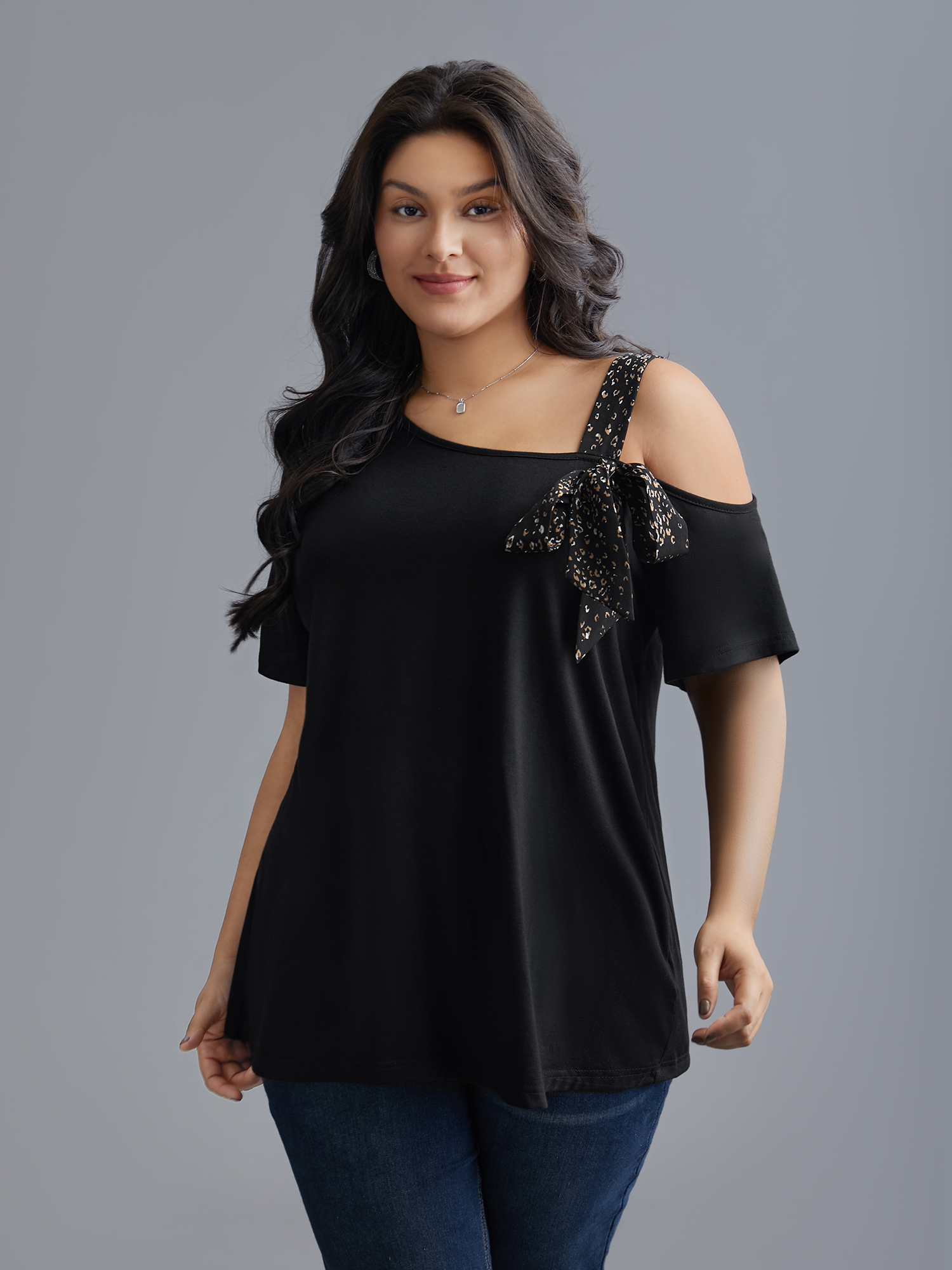 

Plus Size Off Shoulder Leopard Print Ties Patchwork Top Black Asymmetrical Neck Short sleeve Elegant Jersey Tops