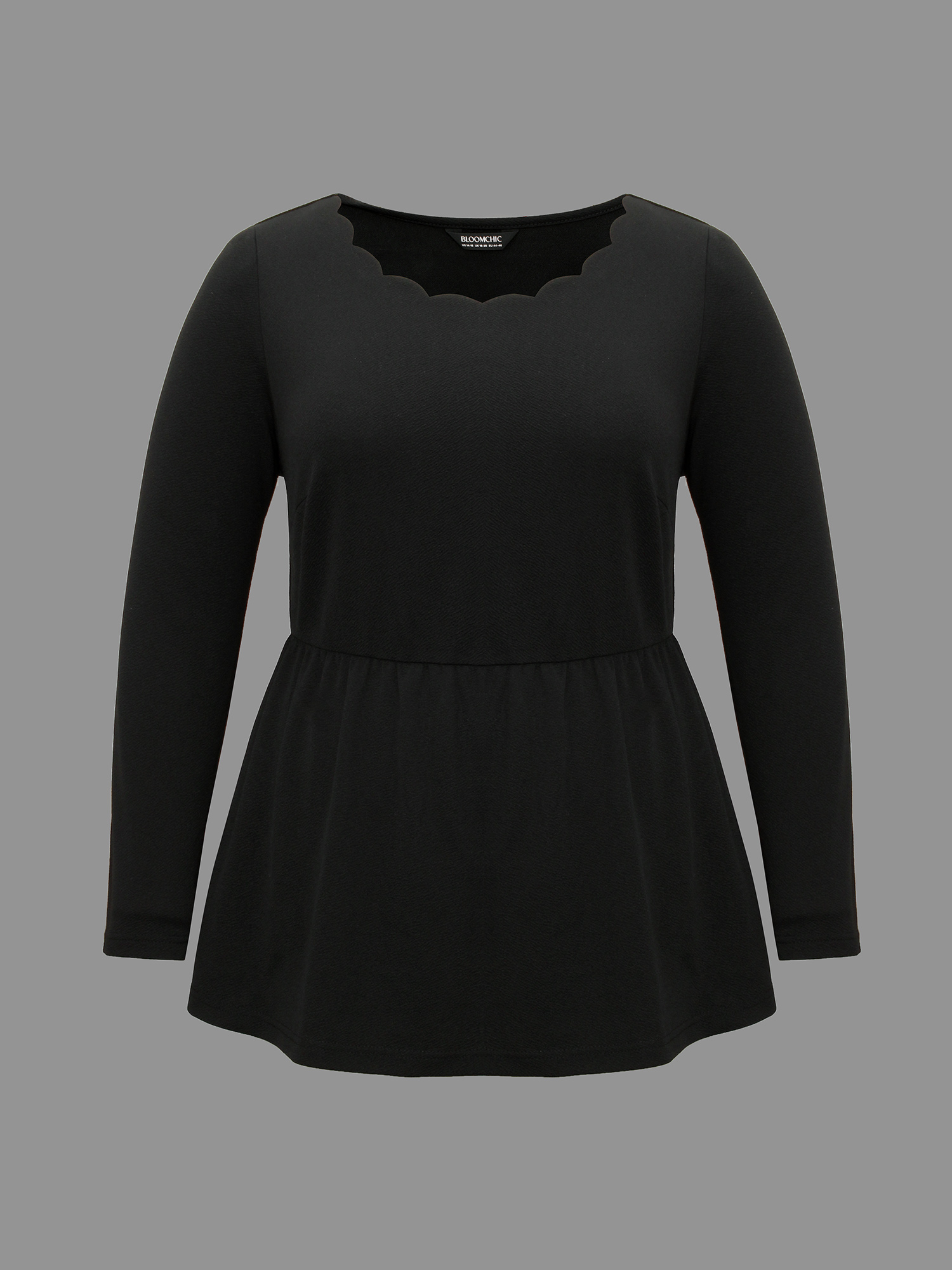 

Plus Size Scalloped Neck Elastic Waist Knit Top Black Asymmetrical Neck Extra Long Sleeve Elegant Jersey Tops