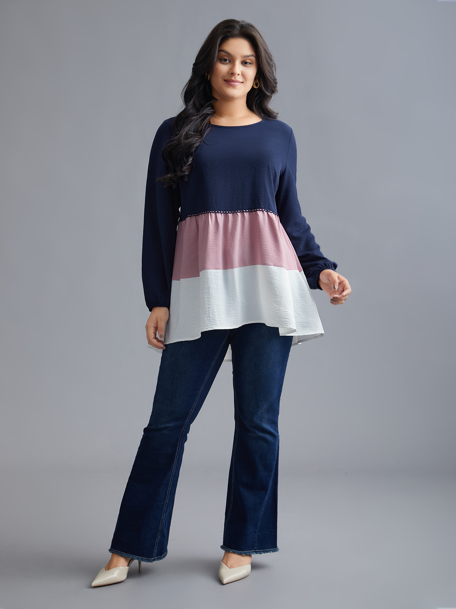 Plus Size Indigo Color Contrast High Low Hem Patchwork Blouse Women Elegant Extra Long Sleeve Round Neck Everyday Blouses BloomChic 12/L 