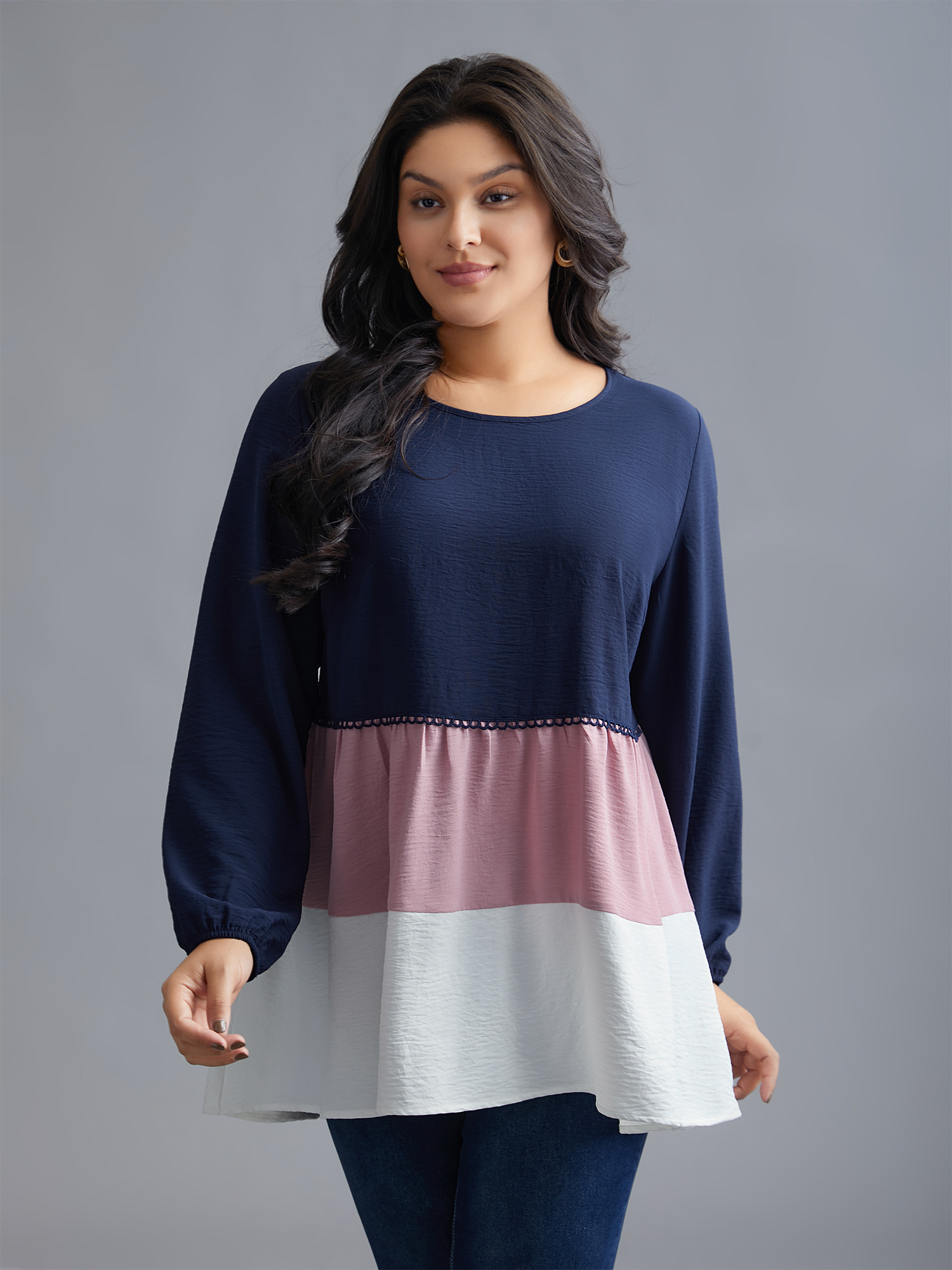 Plus Size Indigo Color Contrast High Low Hem Patchwork Blouse Women Elegant Extra Long Sleeve Round Neck Everyday Blouses BloomChic 12/L 