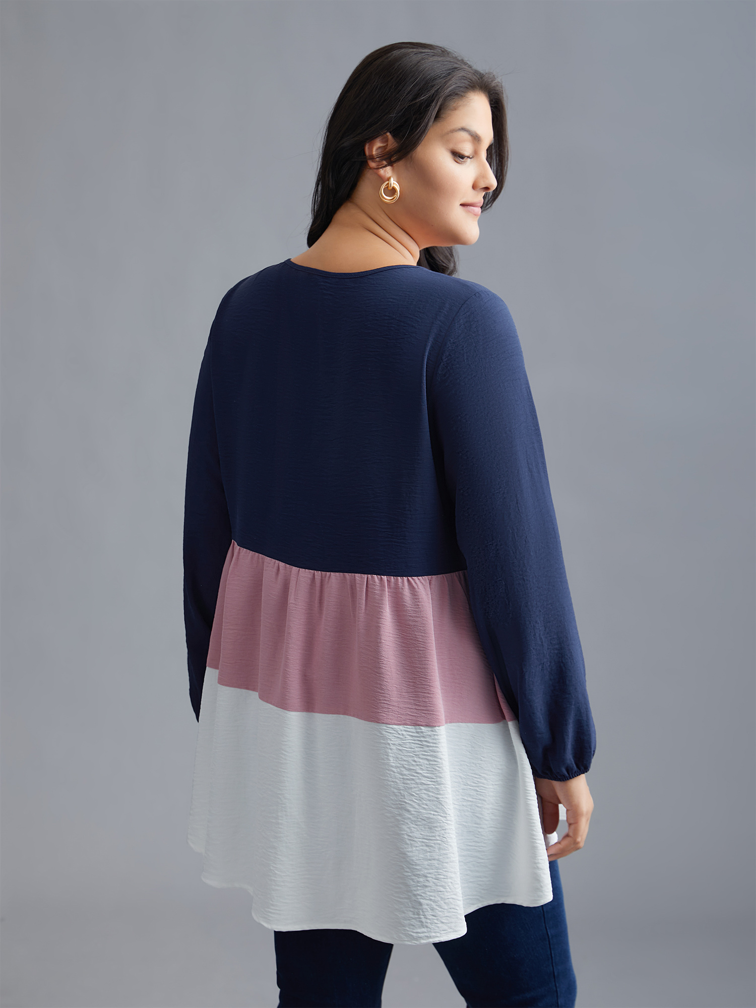 Plus Size Indigo Color Contrast High Low Hem Patchwork Blouse Women Elegant Extra Long Sleeve Round Neck Everyday Blouses BloomChic 12/L 