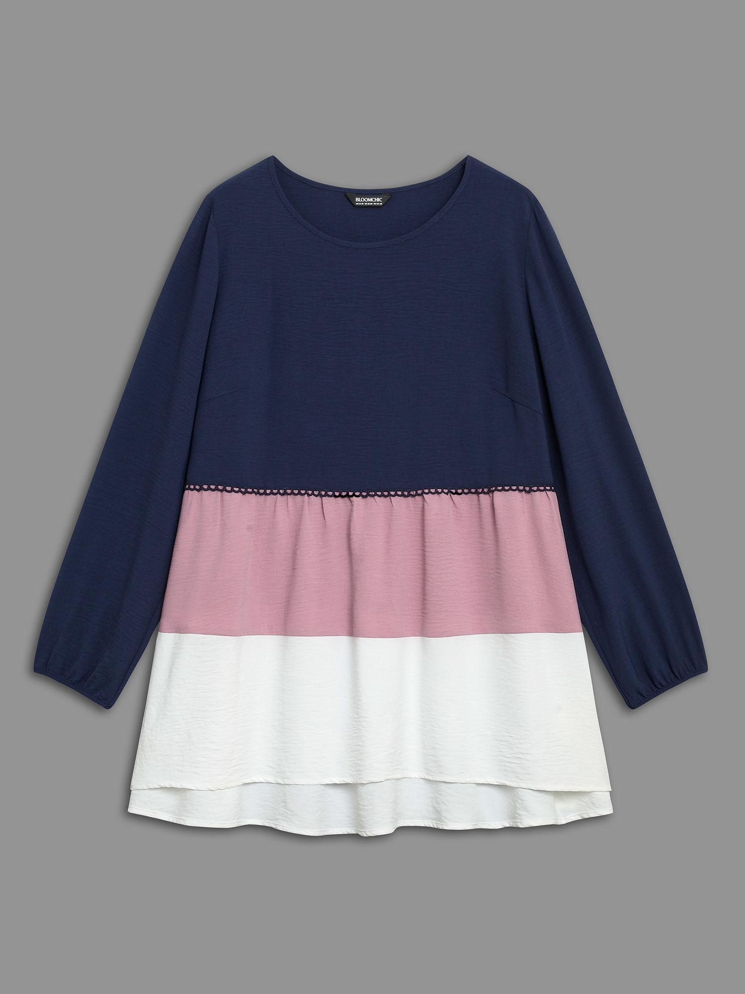 Plus Size Indigo Color Contrast High Low Hem Patchwork Blouse Women Elegant Extra Long Sleeve Round Neck Everyday Blouses BloomChic 12/L 