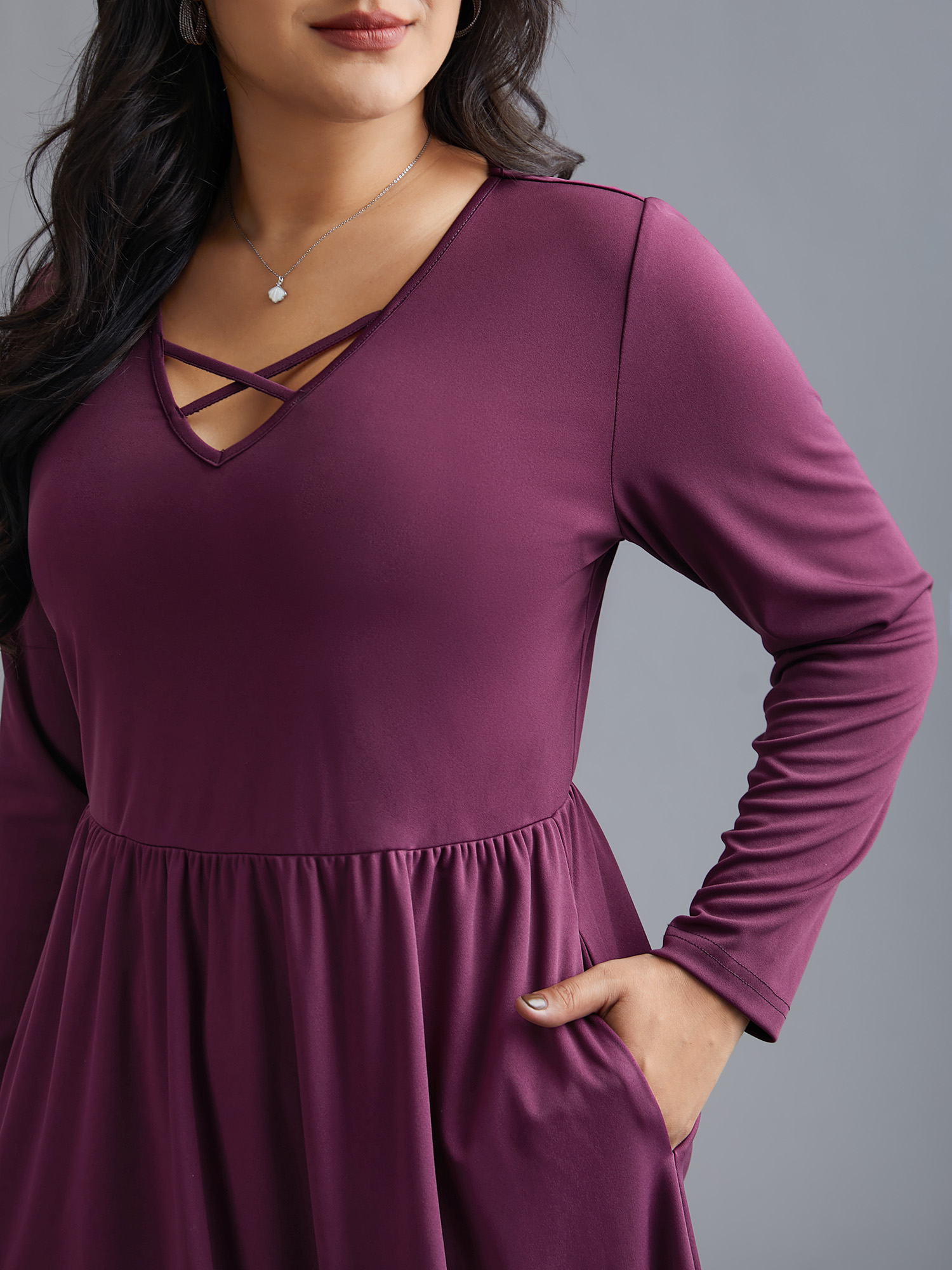 Plus Size Floral Embroidered Mesh Crisscross Dress Deeppurplered Women Elegant Woven ribbon&lace trim Round Neck Long Sleeve Curvy BloomChic 12/L 
