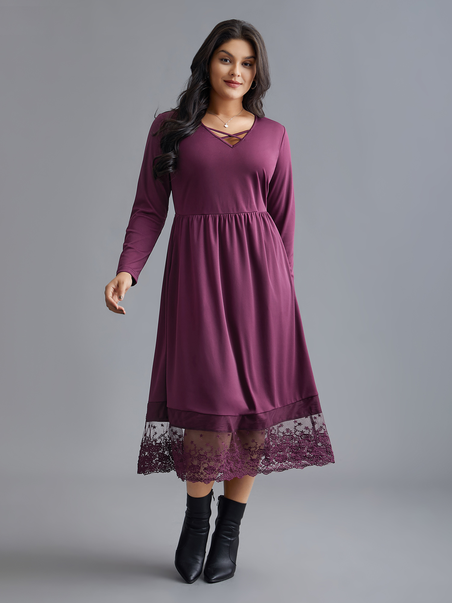Plus Size Floral Embroidered Mesh Crisscross Dress Deeppurplered Women Elegant Woven ribbon&lace trim Round Neck Long Sleeve Curvy BloomChic 12/L 